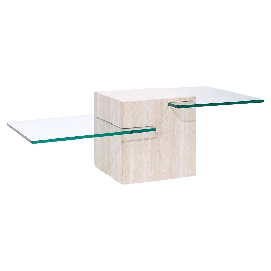 Mid Century Travertine and Glass Multi Tier Coffee Table