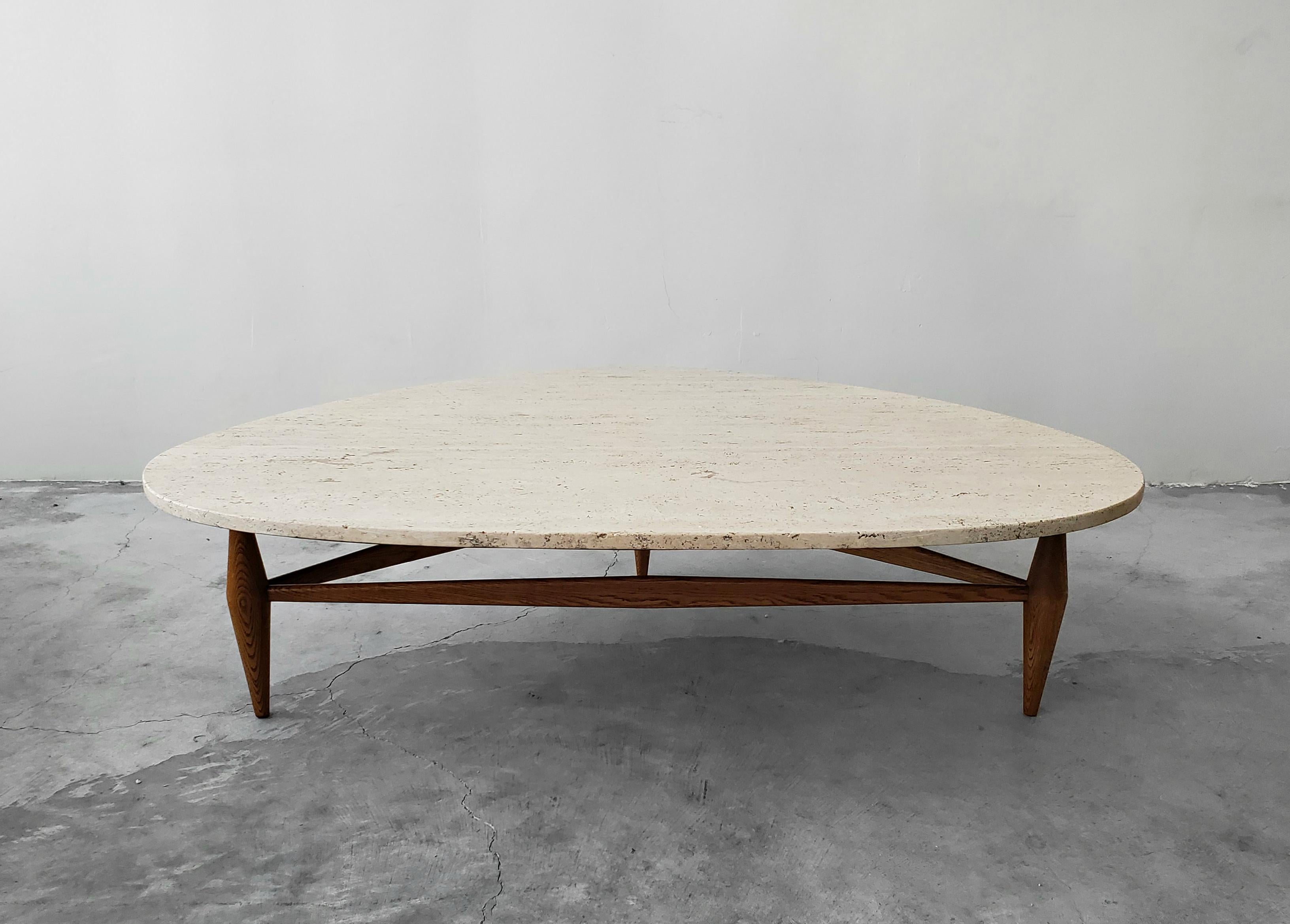 Mid Century Travertine and Oak Coffee Table In Good Condition In Las Vegas, NV