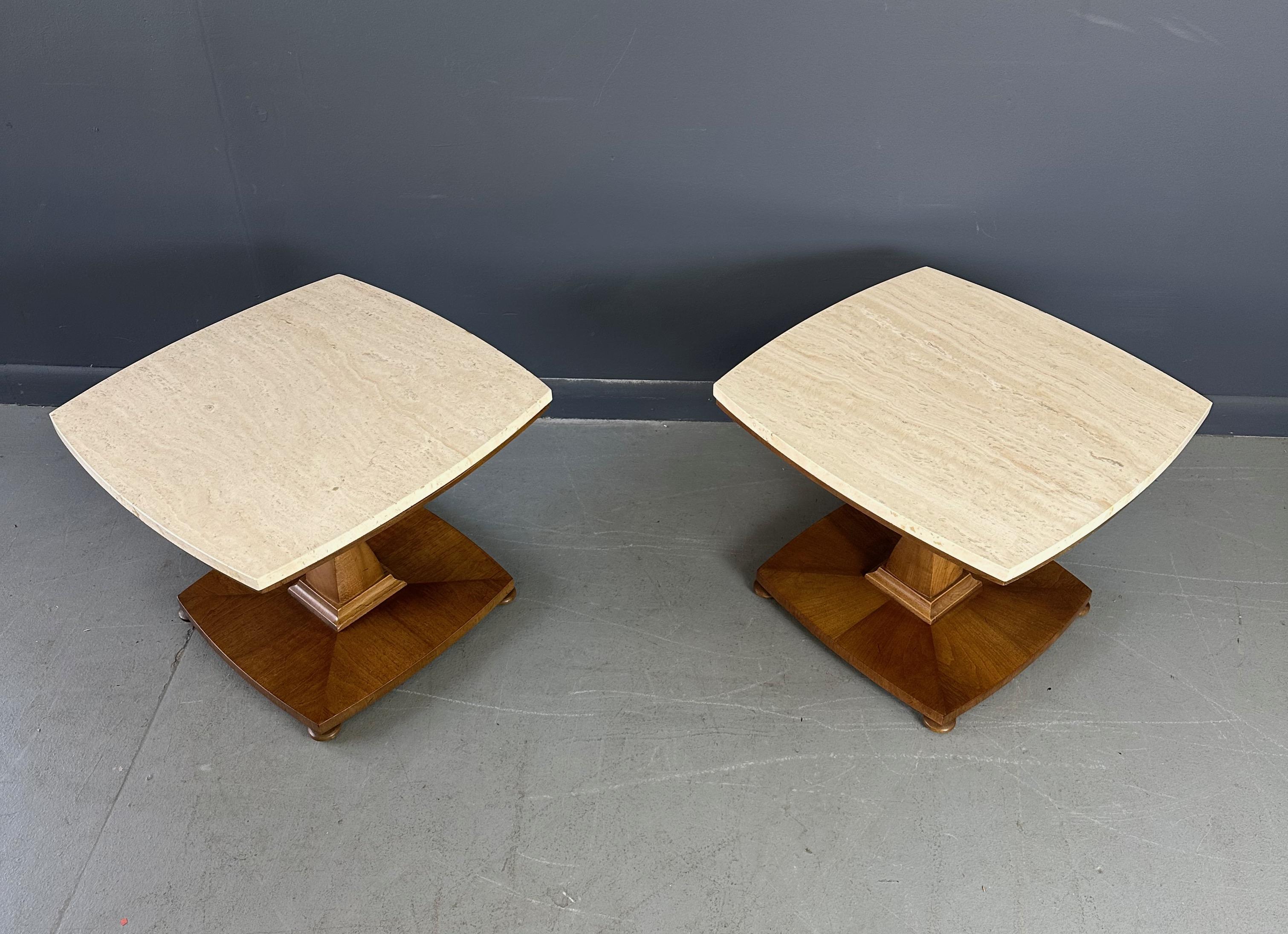 North American Mid Century Travertine and Walnut Side Tables by Drexel