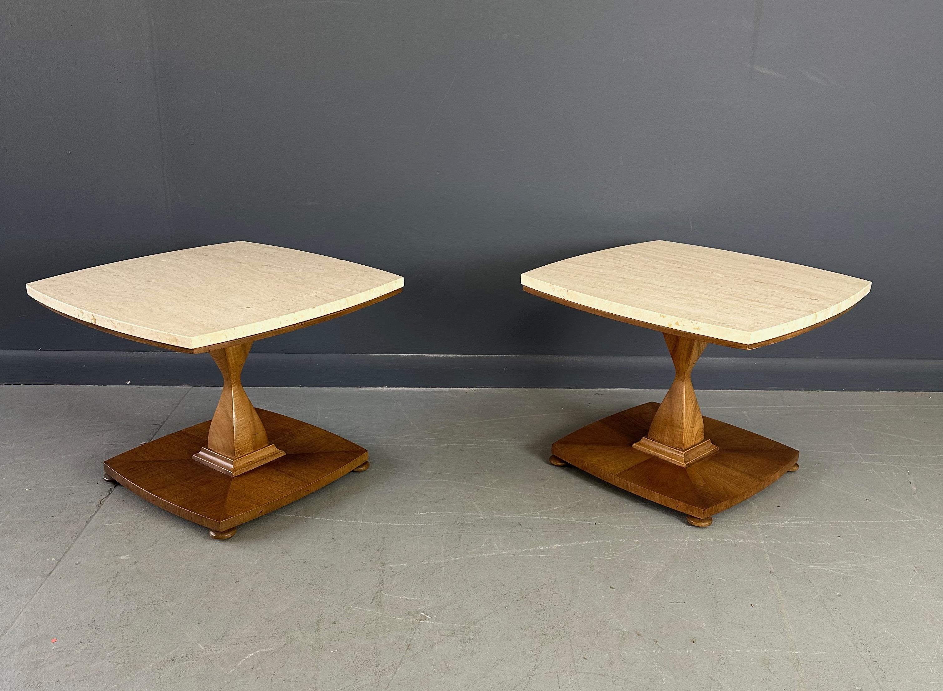 Mid Century Travertine and Walnut Side Tables by Drexel In Good Condition In Philadelphia, PA