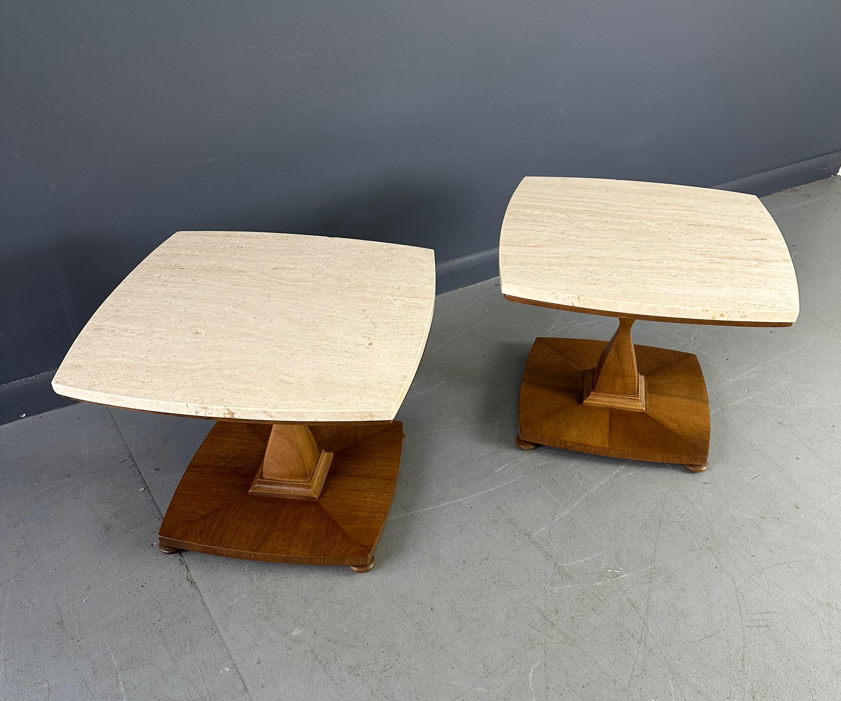 20th Century Mid Century Travertine and Walnut Side Tables by Drexel