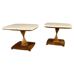 Mid Century Travertine and Walnut Side Tables by Drexel