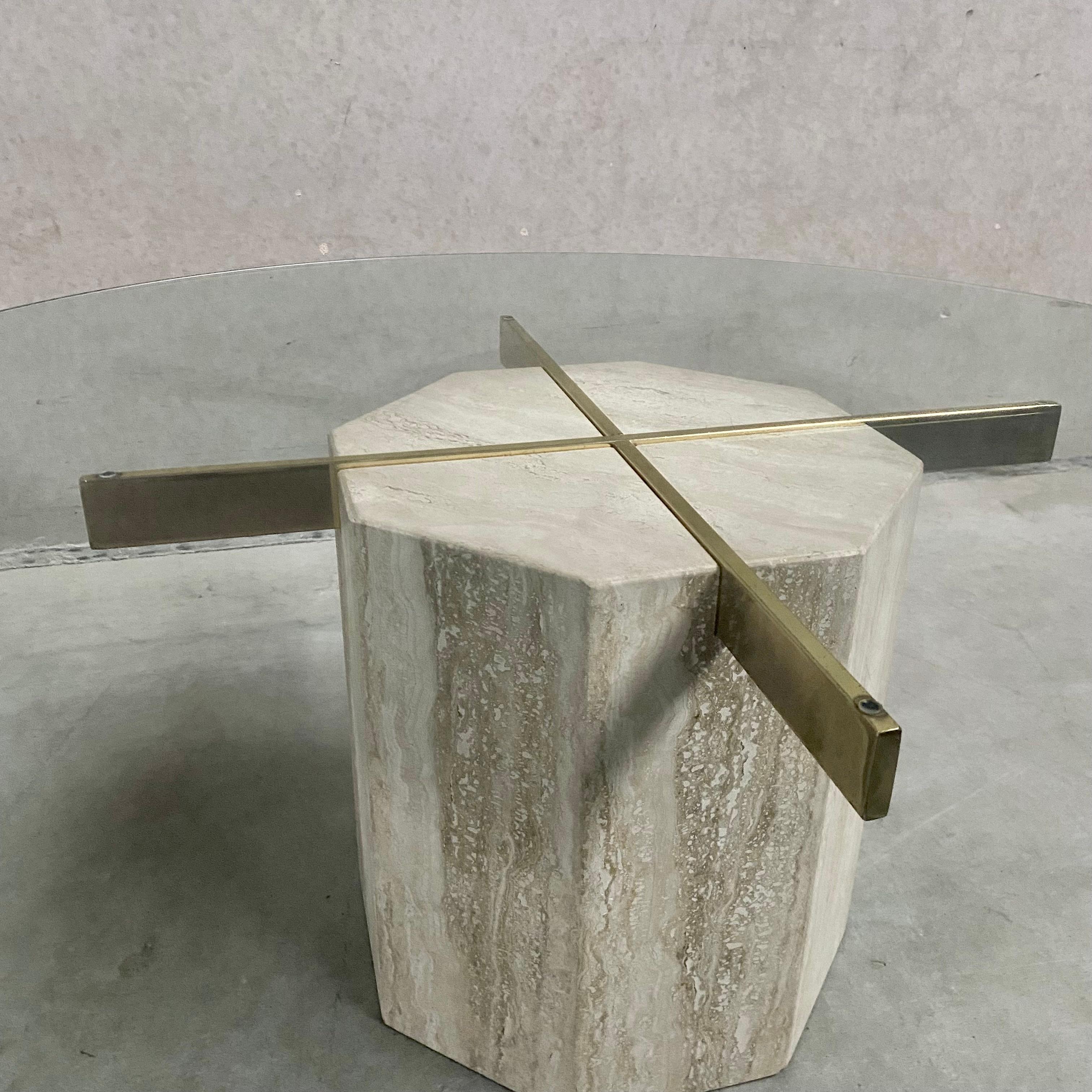 Mid-Century Travertine Coffee Table With Glass Top & Brass Artedi Italy 1970 6