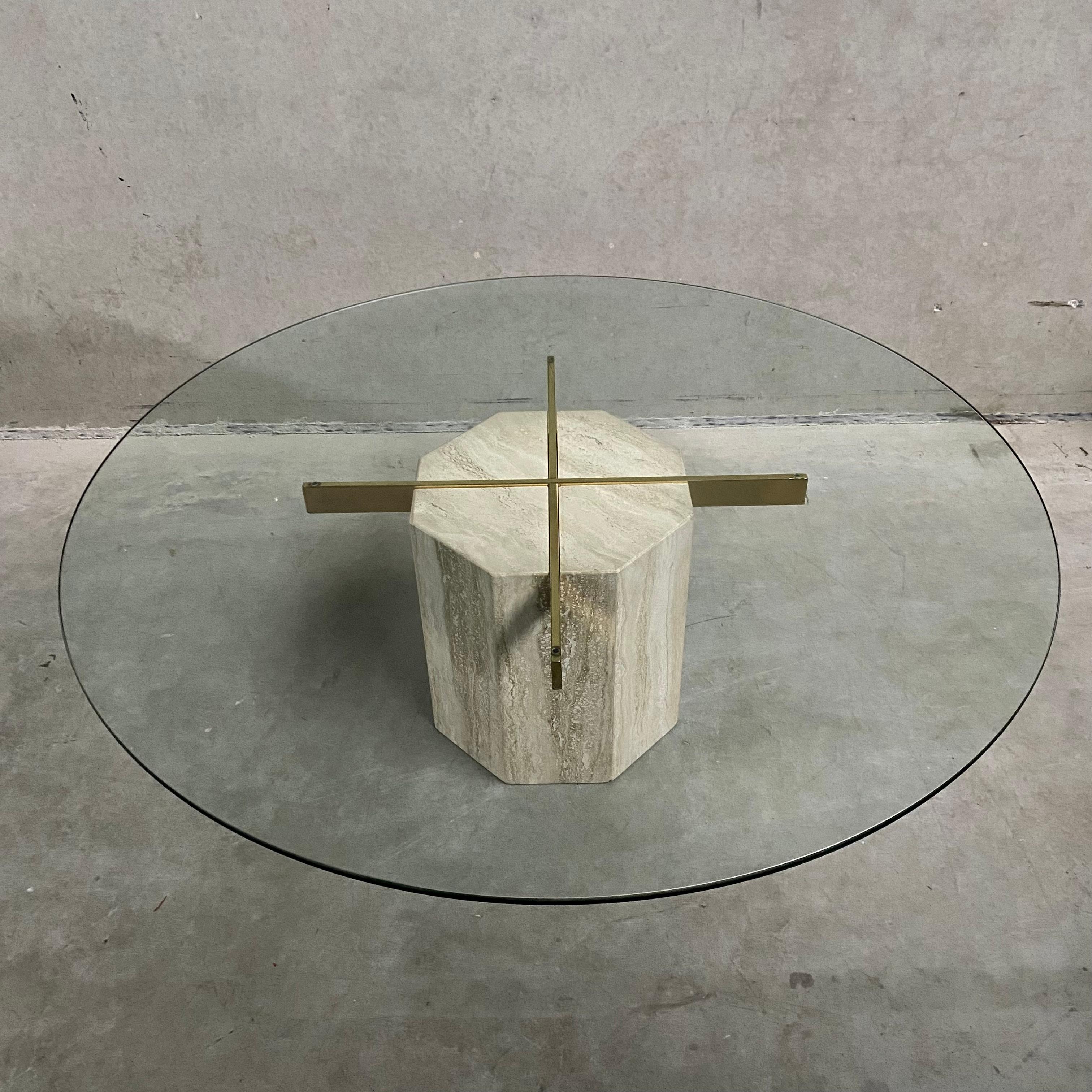 Mid-Century Modern Mid-Century Travertine Coffee Table With Glass Top & Brass Artedi Italy 1970