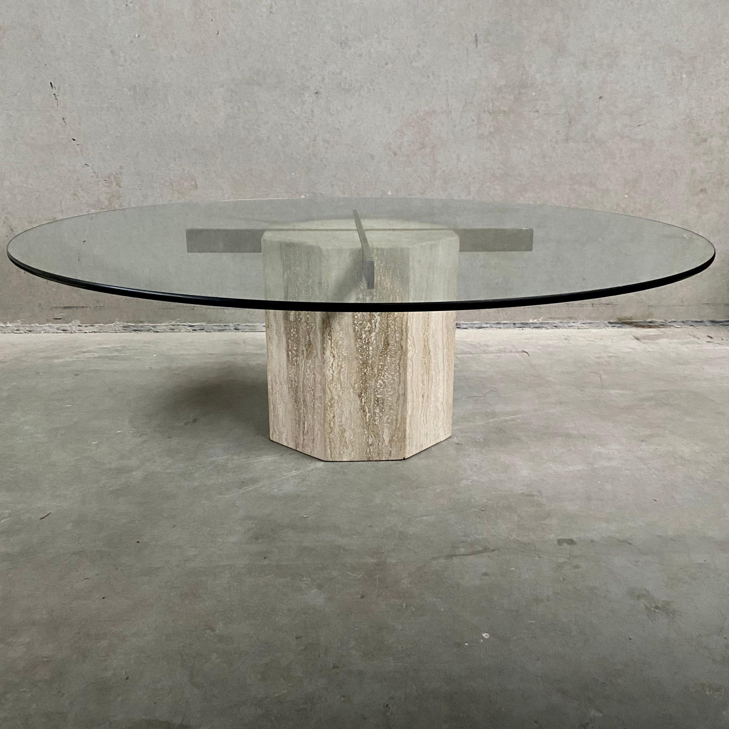 Italian Mid-Century Travertine Coffee Table With Glass Top & Brass Artedi Italy 1970