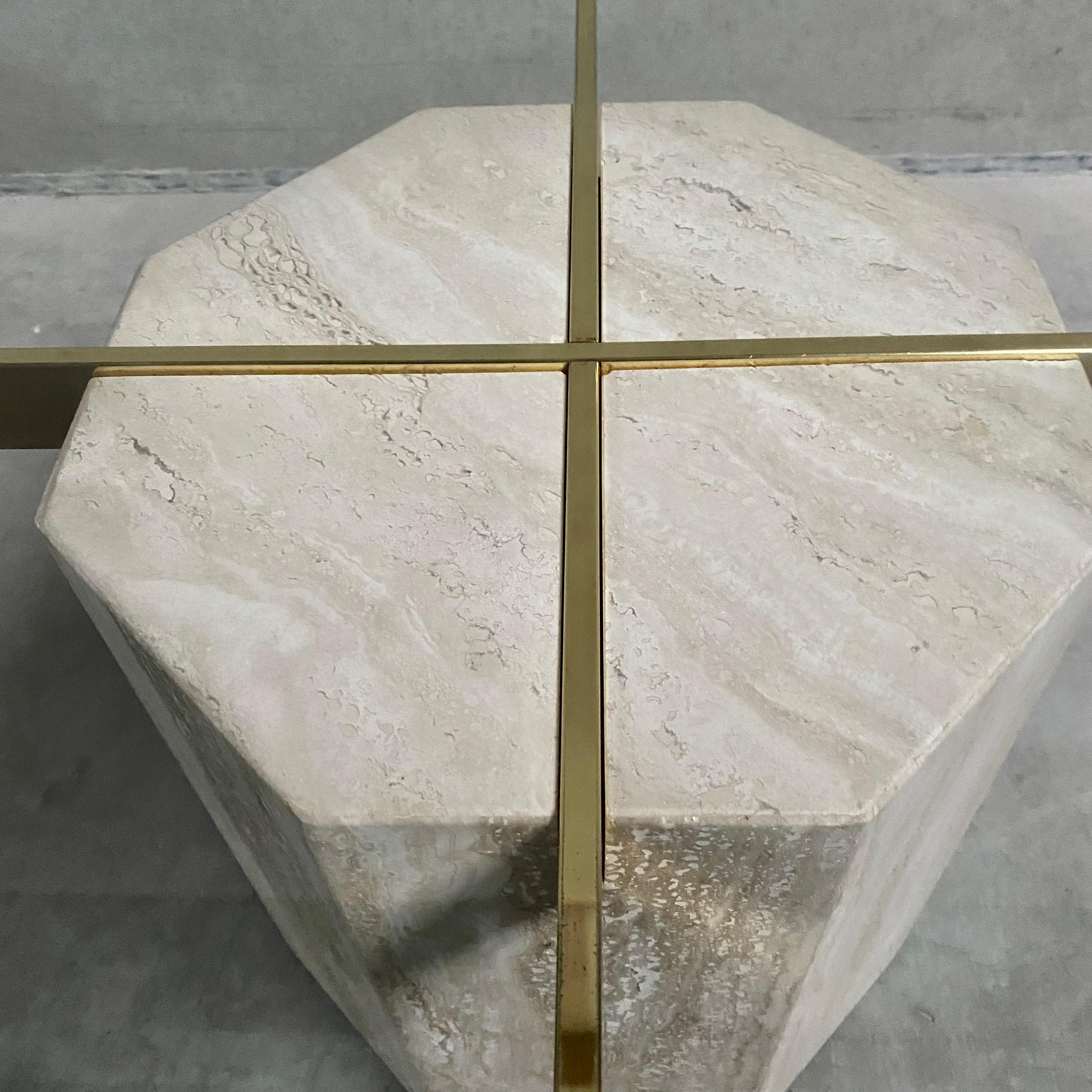 Mid-Century Travertine Coffee Table With Glass Top & Brass Artedi Italy 1970 In Good Condition In DE MEERN, NL