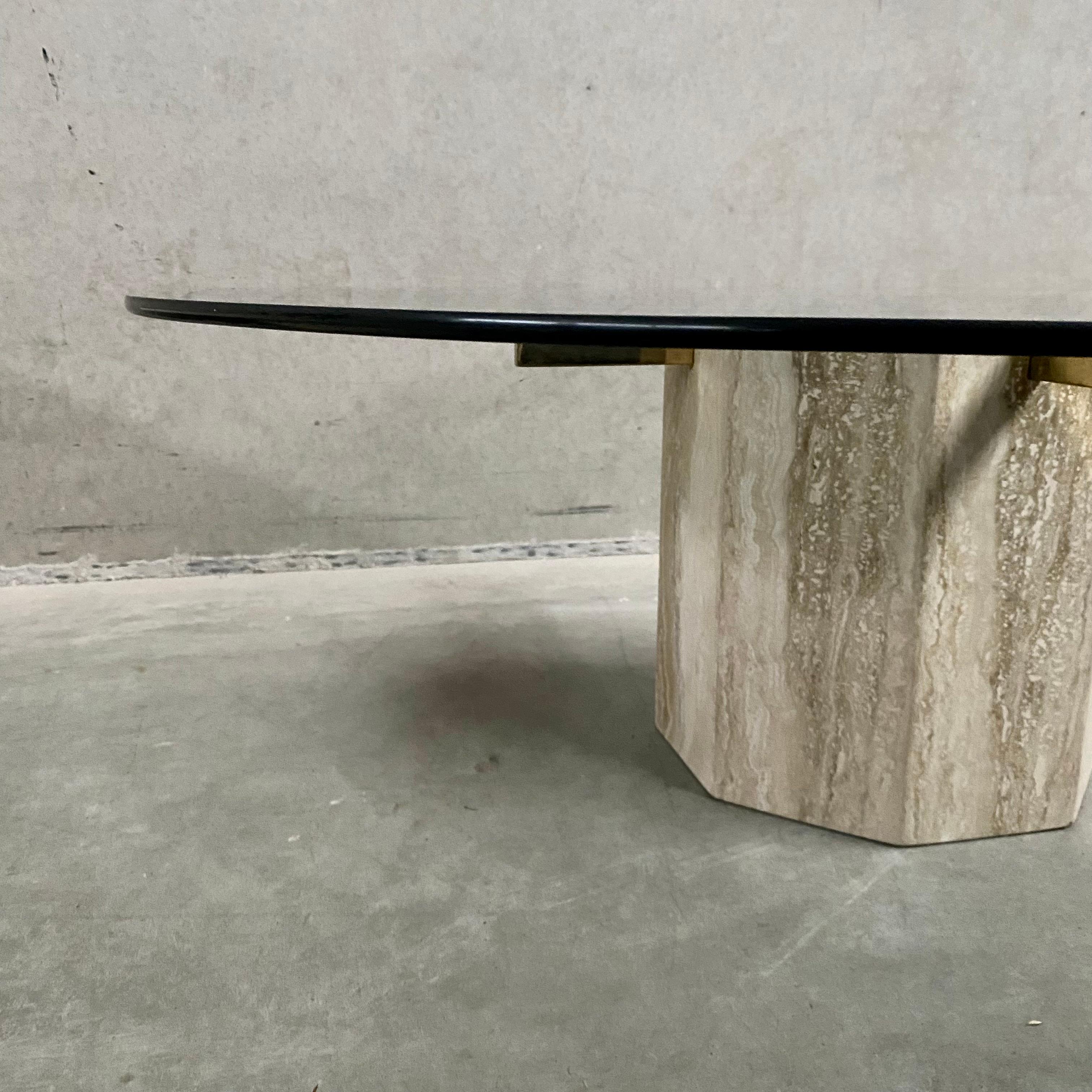 Mid-Century Travertine Coffee Table With Glass Top & Brass Artedi Italy 1970 1
