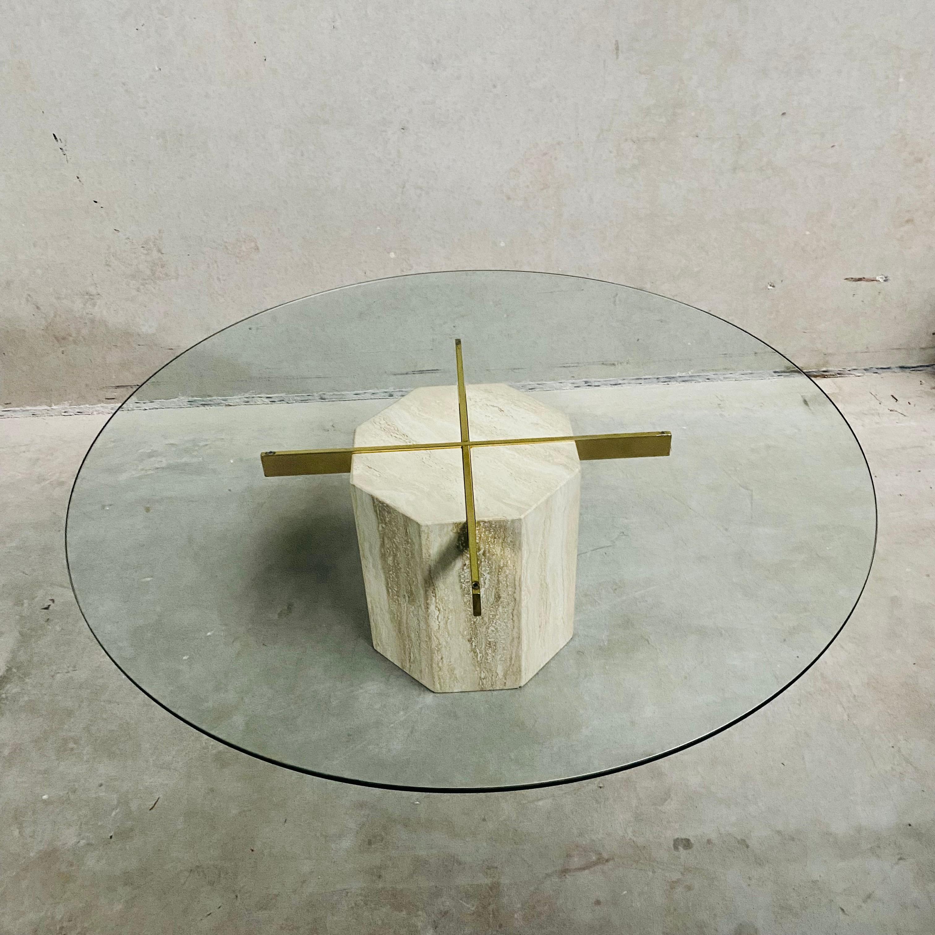 Mid-Century Travertine Coffee Table With Glass Top & Brass Artedi Italy 1970 3