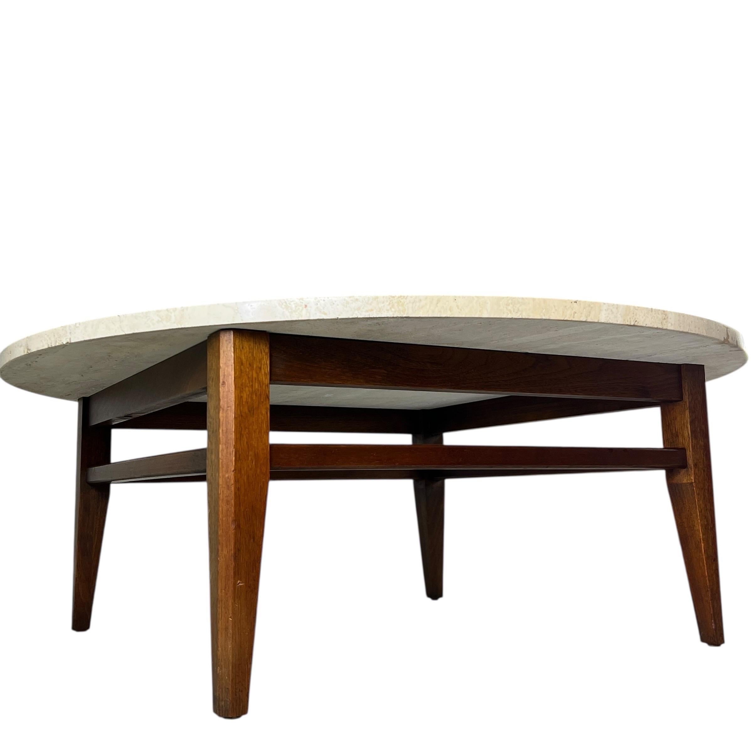 Mid-Century Modern Mid Century Travertine Coffee Table With Walnut Base For Sale