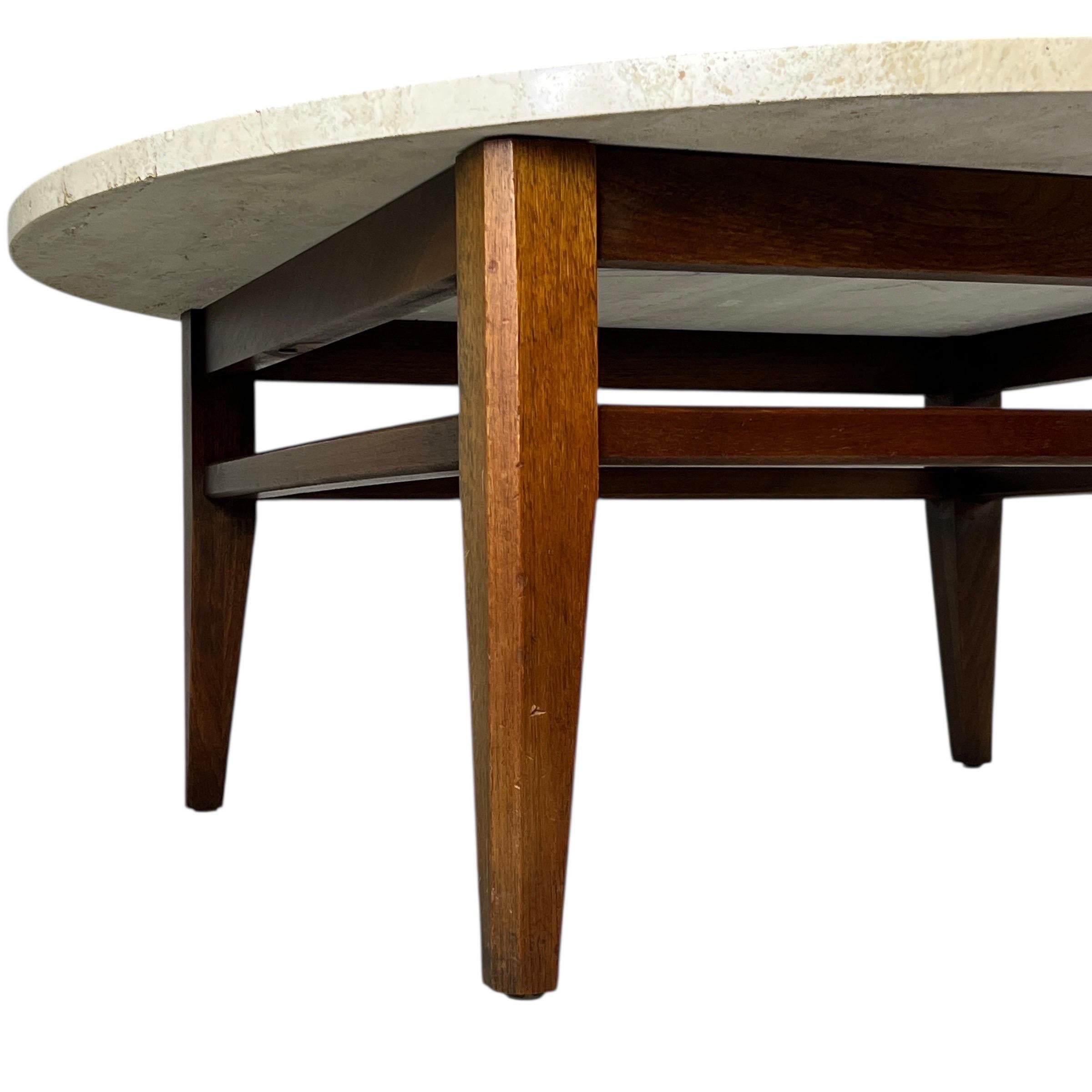 Mid Century Travertine Coffee Table With Walnut Base In Good Condition For Sale In Esperance, NY