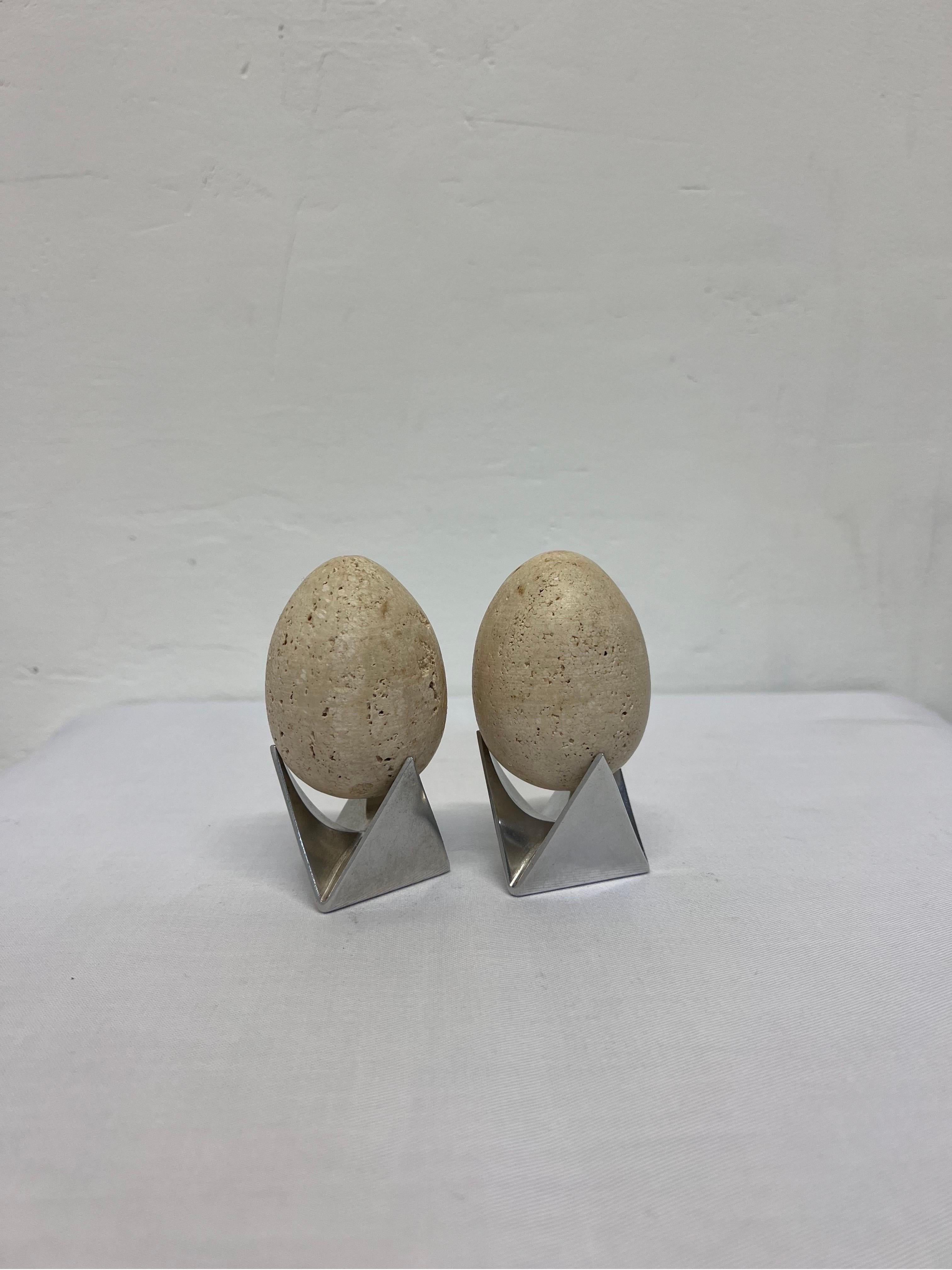 Mid-Century Modern Mid-Century Travertine Egg Sculptures Atop Alessi Roost Egg Cups, a Pair For Sale