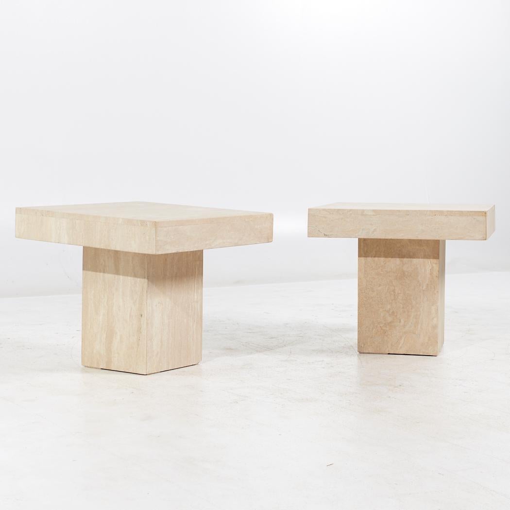 Mid Century Travertine Side End Tables - Pair

Each side table measures: 23.5 wide x 23.5 deep x 20 inches high

All pieces of furniture can be had in what we call restored vintage condition. That means the piece is restored upon purchase so it’s