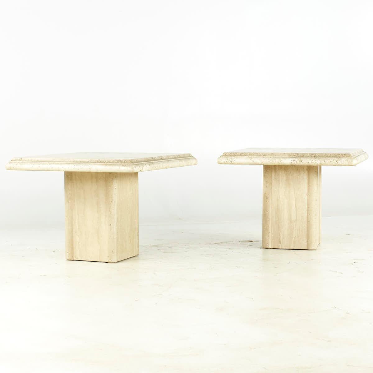 Mid Century Travertine Side Tables – Pair

Each side table measures: 27.75 wide x 27.75 deep x 20 inches high

All pieces of furniture can be had in what we call restored vintage condition. That means the piece is restored upon purchase so it’s free