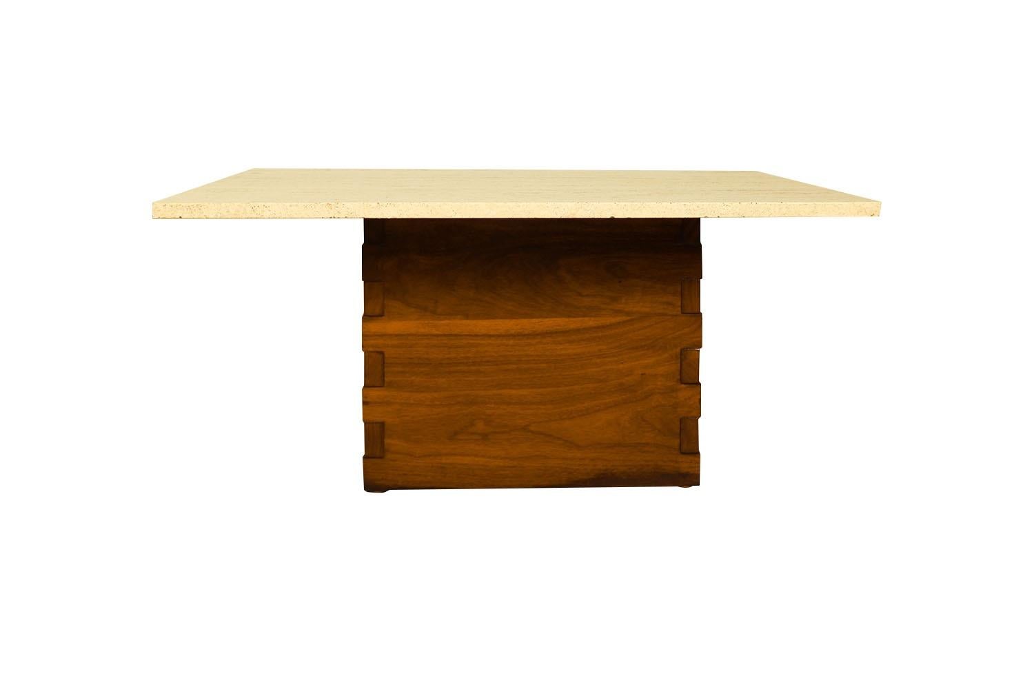 Unknown Mid-Century Travertine Walnut Base Coffee Table For Sale