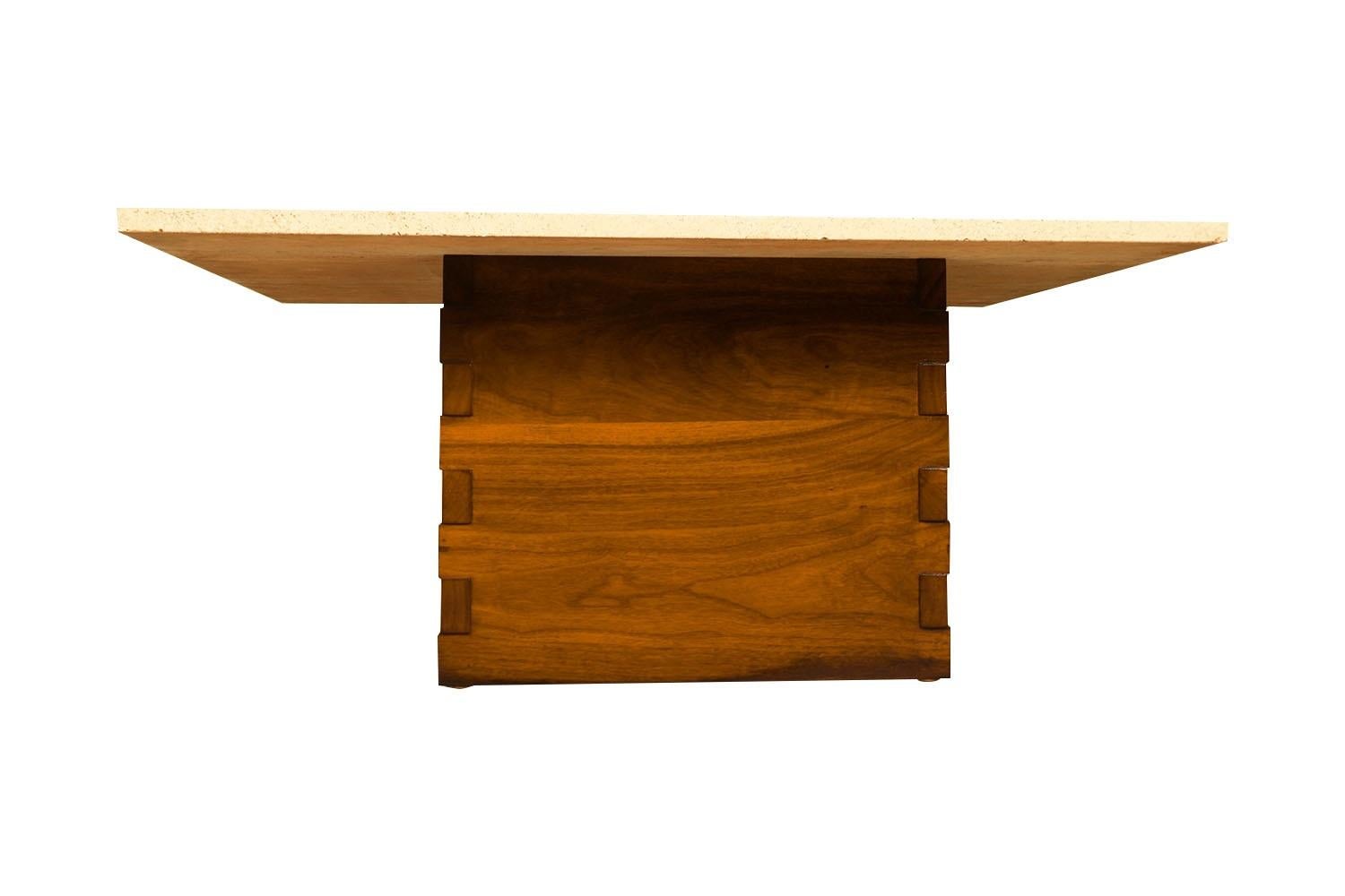 Mid-Century Travertine Walnut Base Coffee Table In Good Condition For Sale In Baltimore, MD