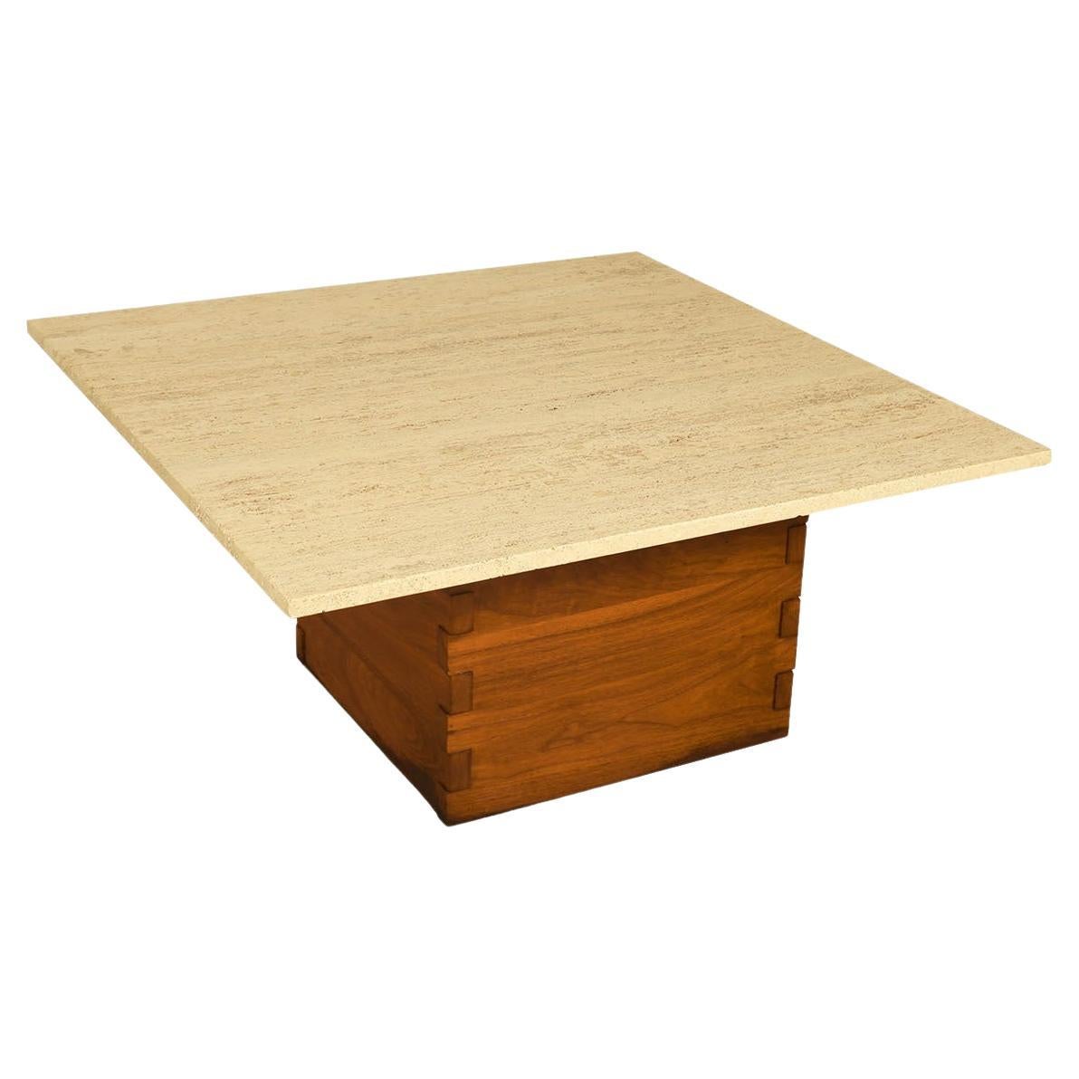 Mid-Century Travertine Walnut Base Coffee Table For Sale