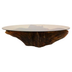 Table basse mi-siècle à plateau en verre en forme de racine d'arbre