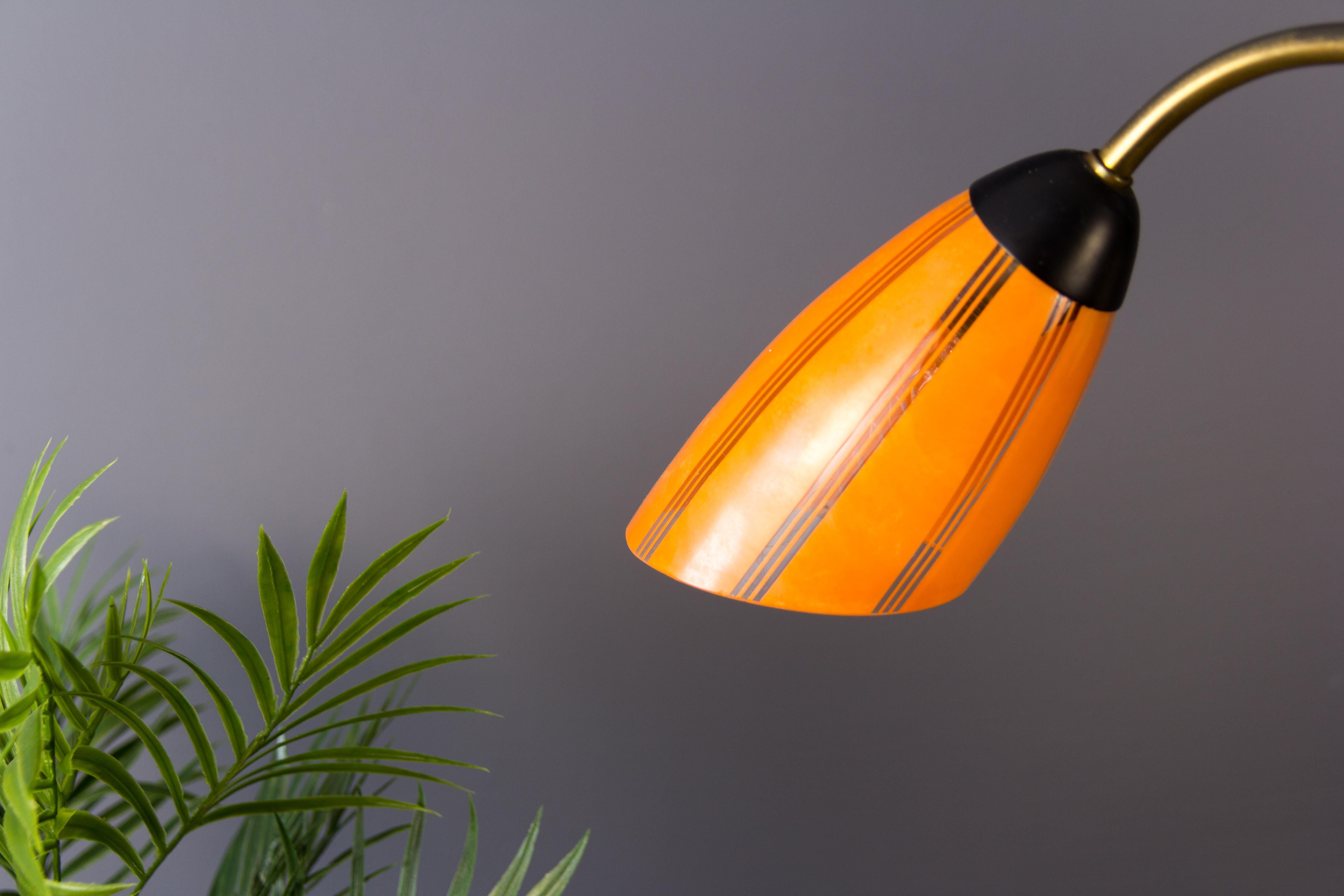 Mid-Century Modern Brass and Green, Orange and White Glass Chandelier, 1950s For Sale 8