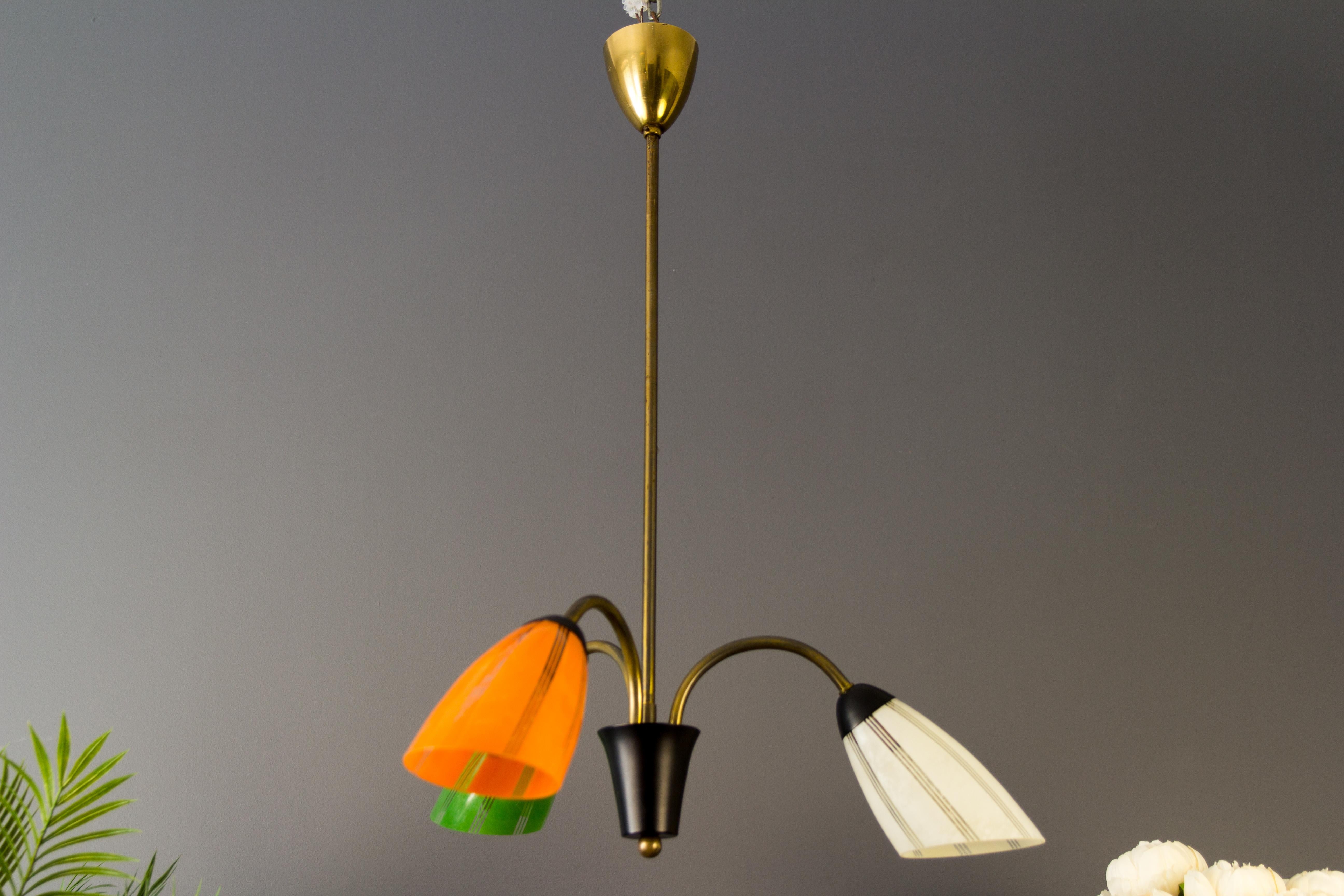 20th Century Mid-Century Modern Brass and Green, Orange and White Glass Chandelier, 1950s For Sale