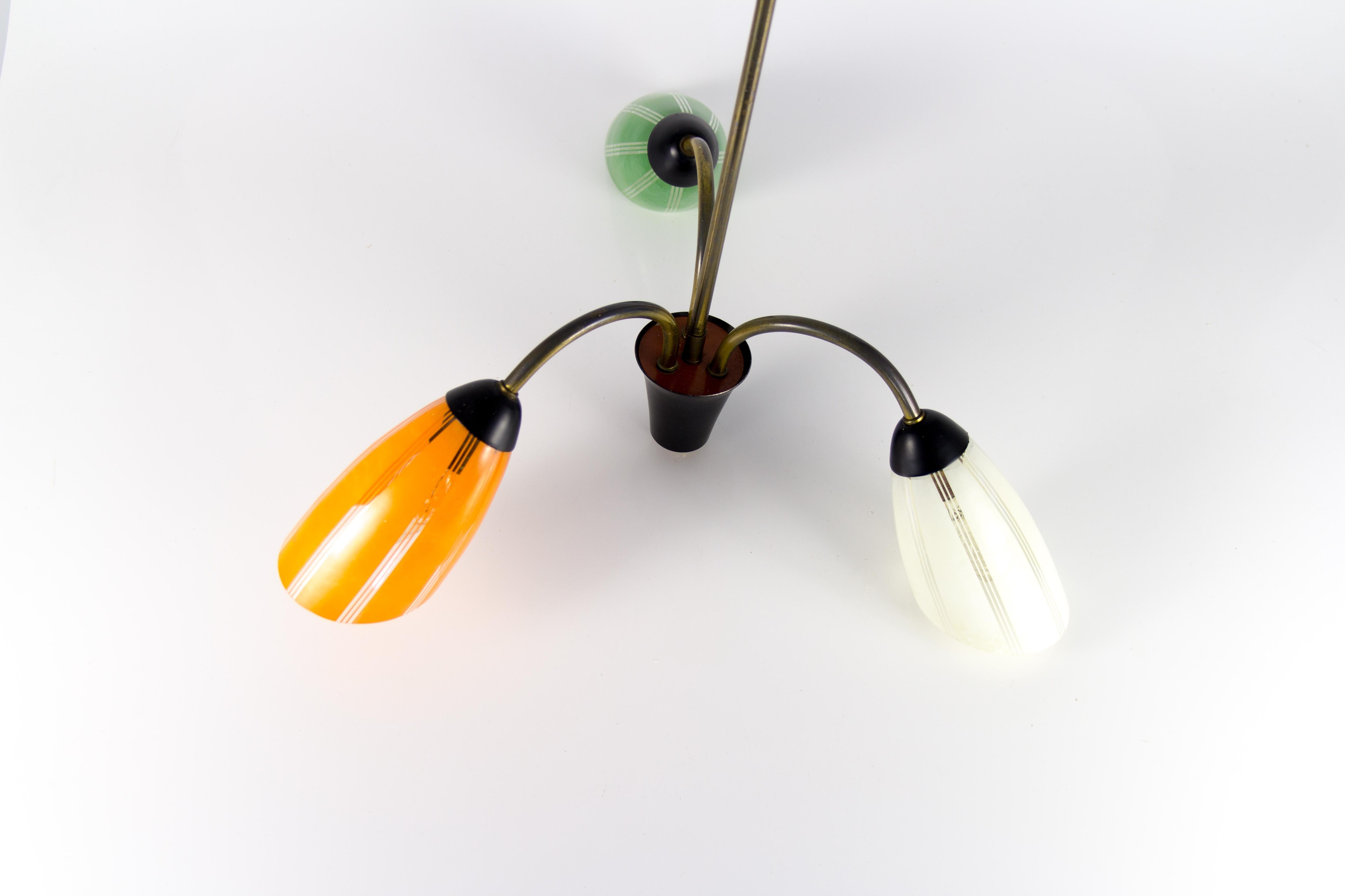 Brass Mid-Century Tri-Color Chandelier Pendant Light For Sale