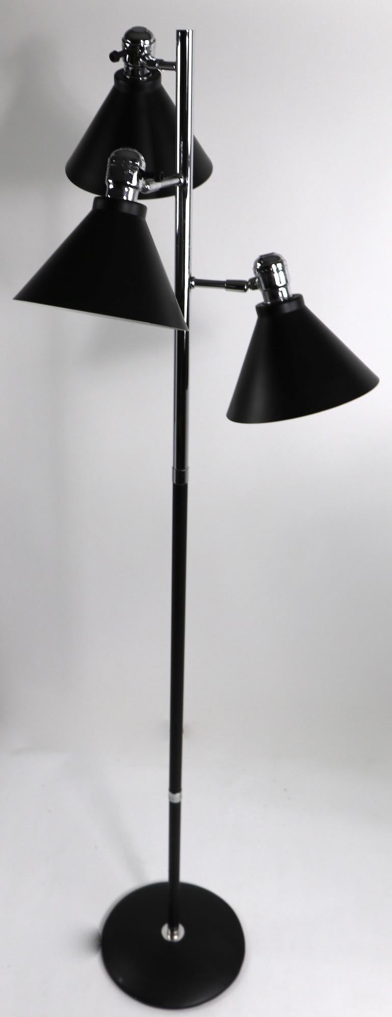 Steel Mid  Century Tri Cone Black and Chrome Floor Lamp