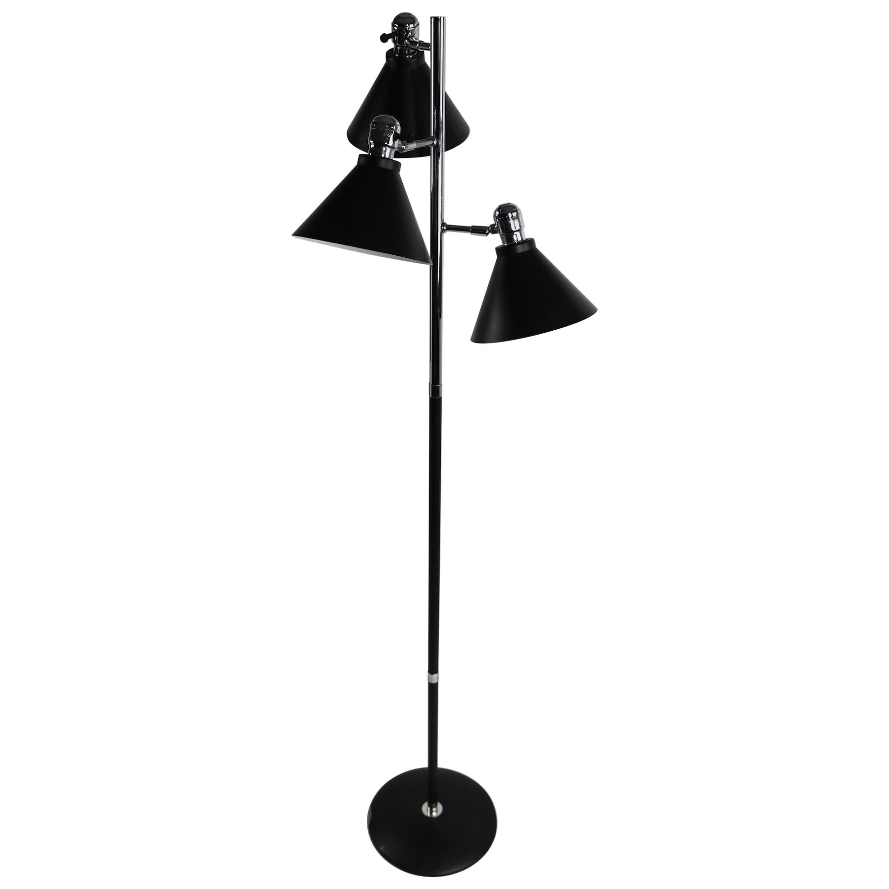 Mid  Century Tri Cone Black and Chrome Floor Lamp