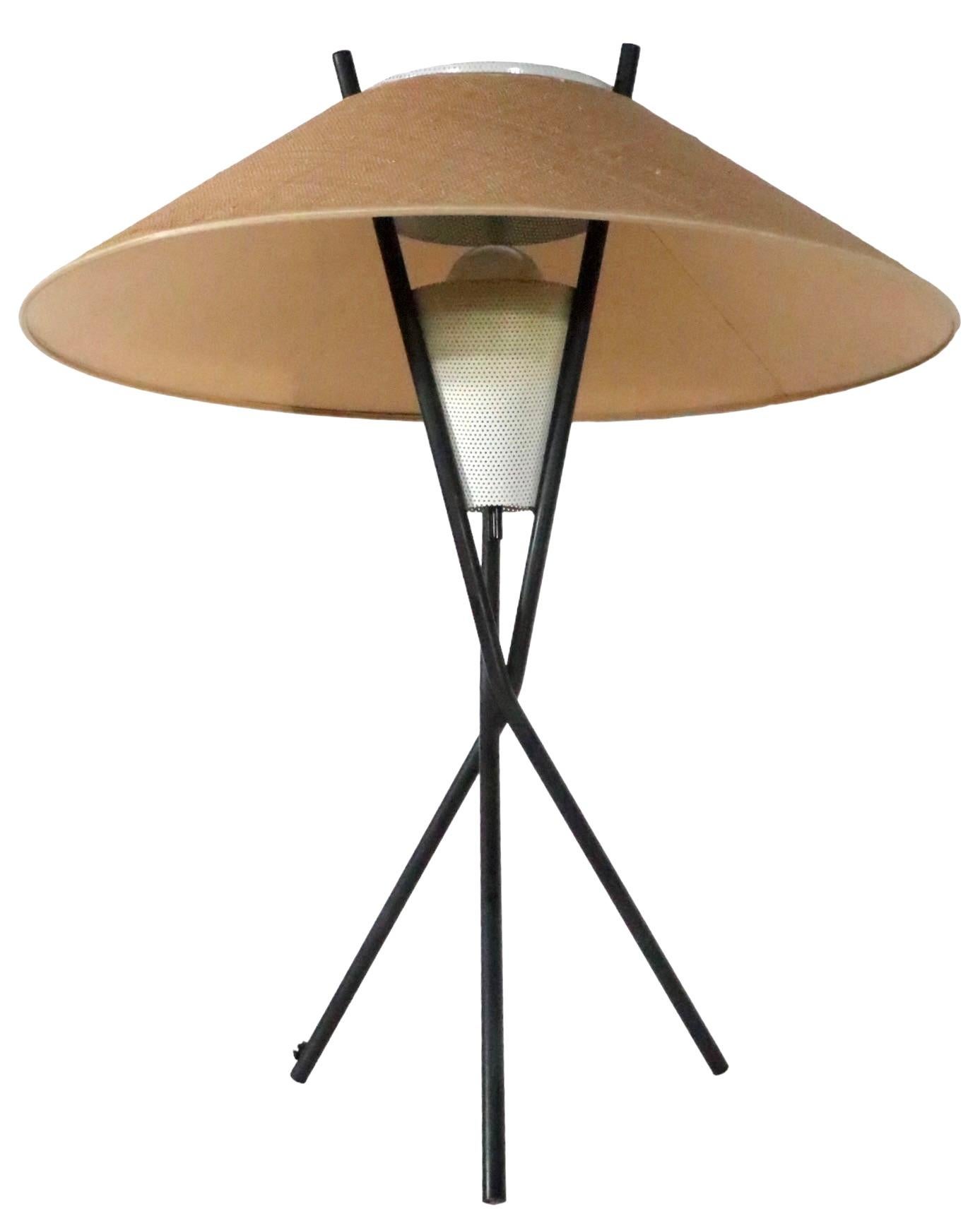 Metal Midcentury Tri Pod Table Lamp by Gerald Thurston for Lightolier C 1950s For Sale