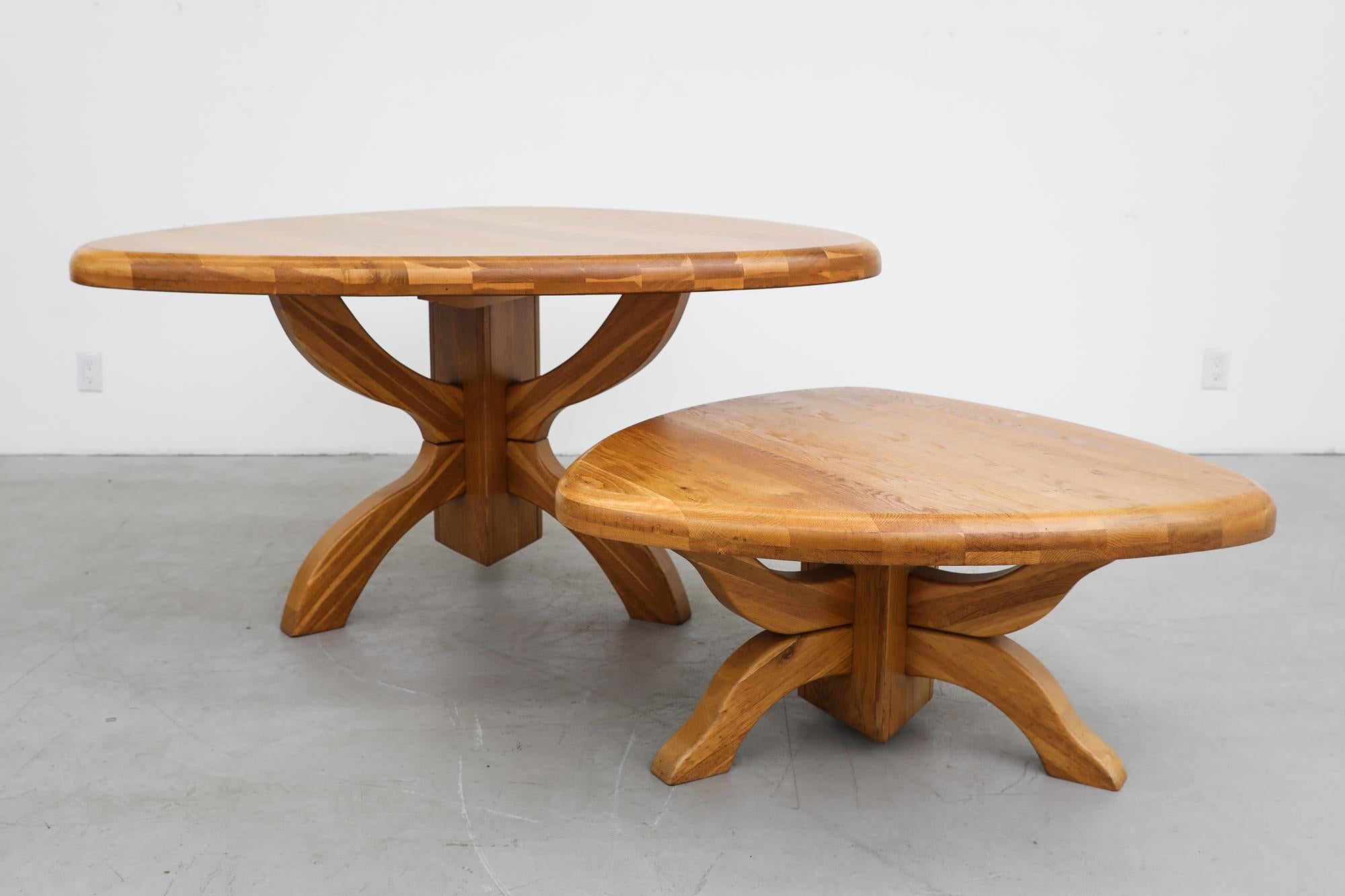 Mid-Century Triangular Golden Oak Dining or Center Table with Thick Rounded Top In Good Condition For Sale In Los Angeles, CA