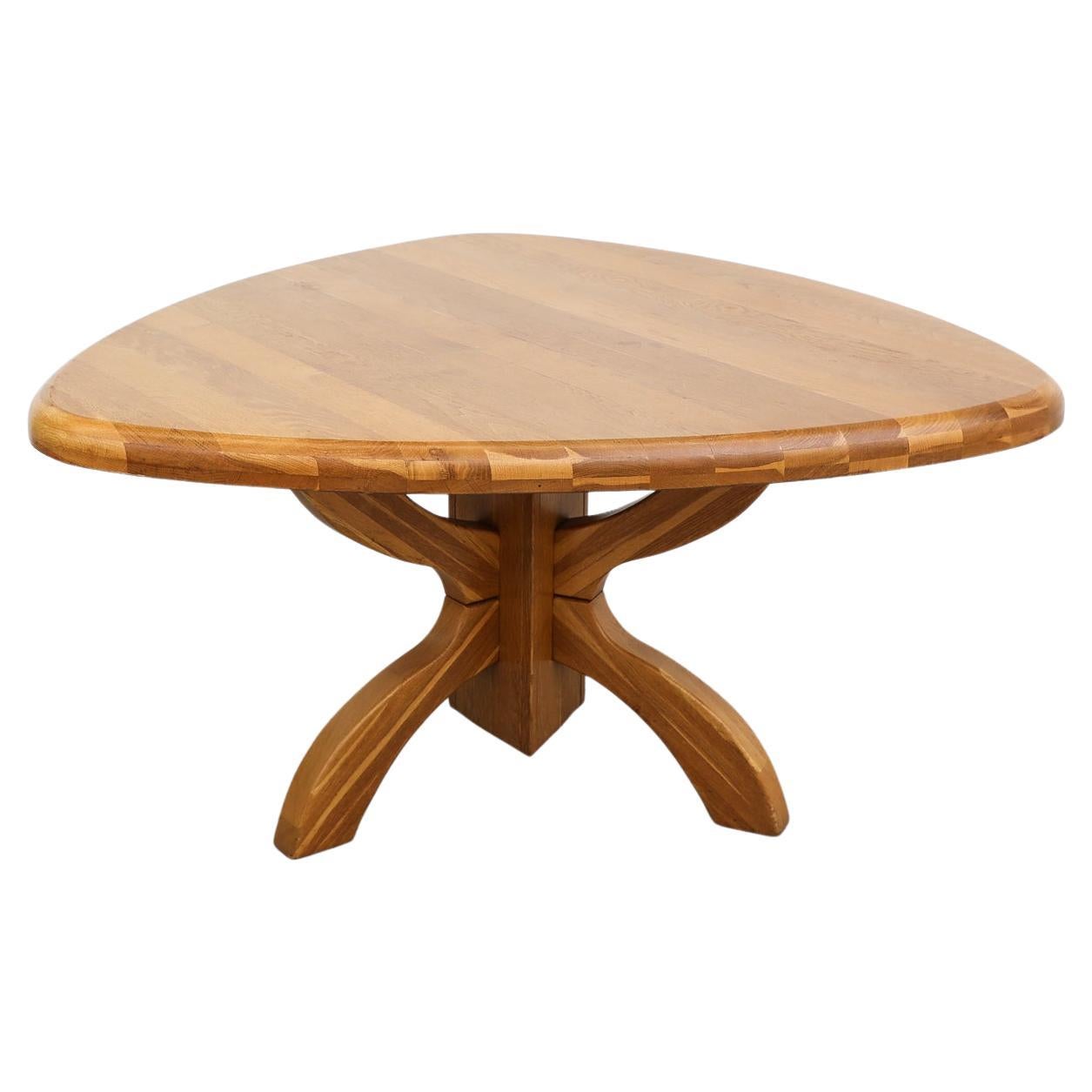 Mid-Century Triangular Golden Oak Dining or Center Table with Thick Rounded Top For Sale