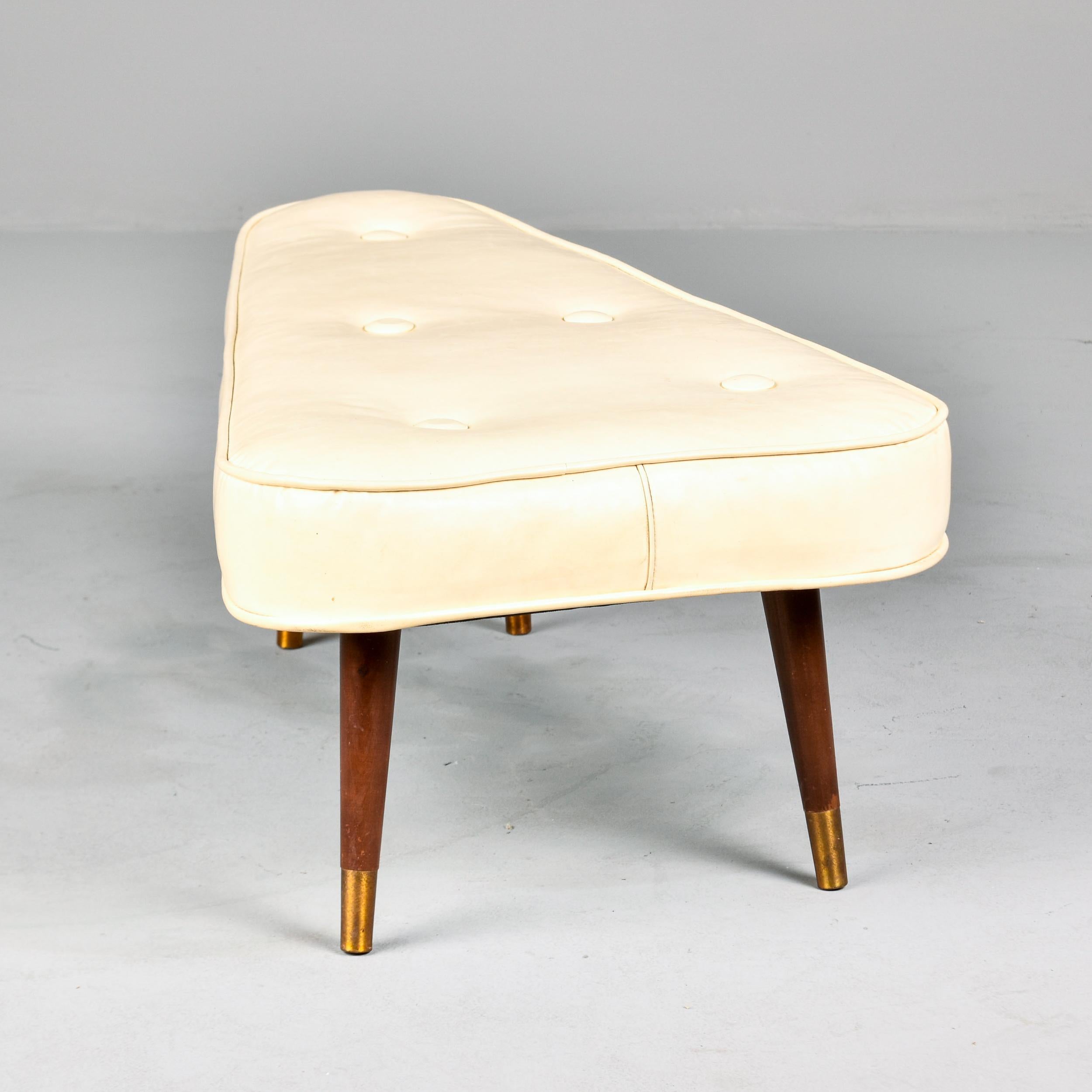 American Mid Century Triangular Atomic Upholstered Stool or Bench with Brass Tipped Legs
