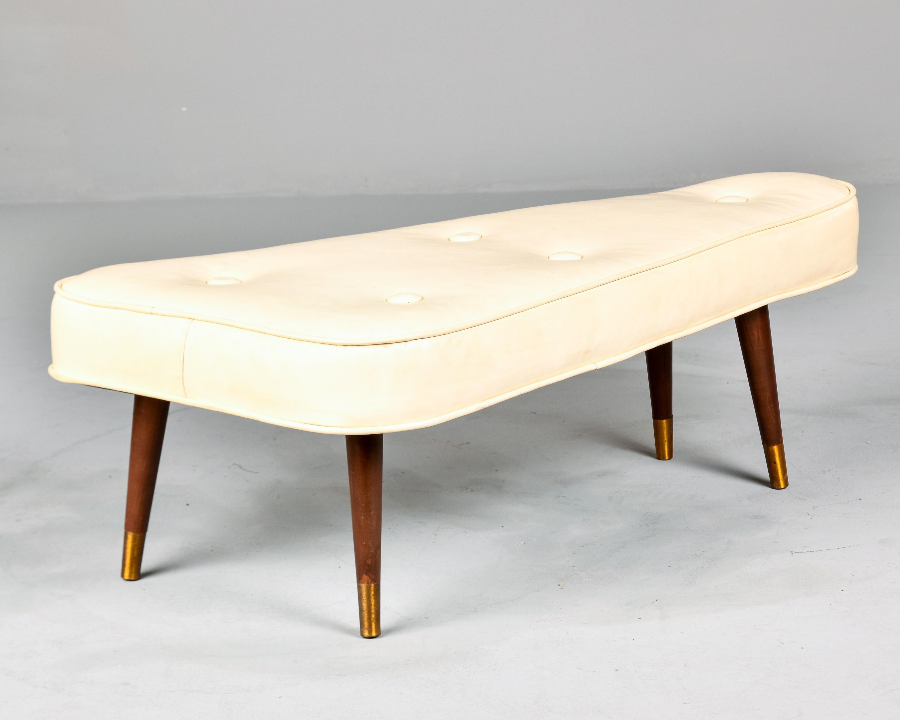 Mid Century Triangular Atomic Upholstered Stool or Bench with Brass Tipped Legs In Good Condition In Troy, MI