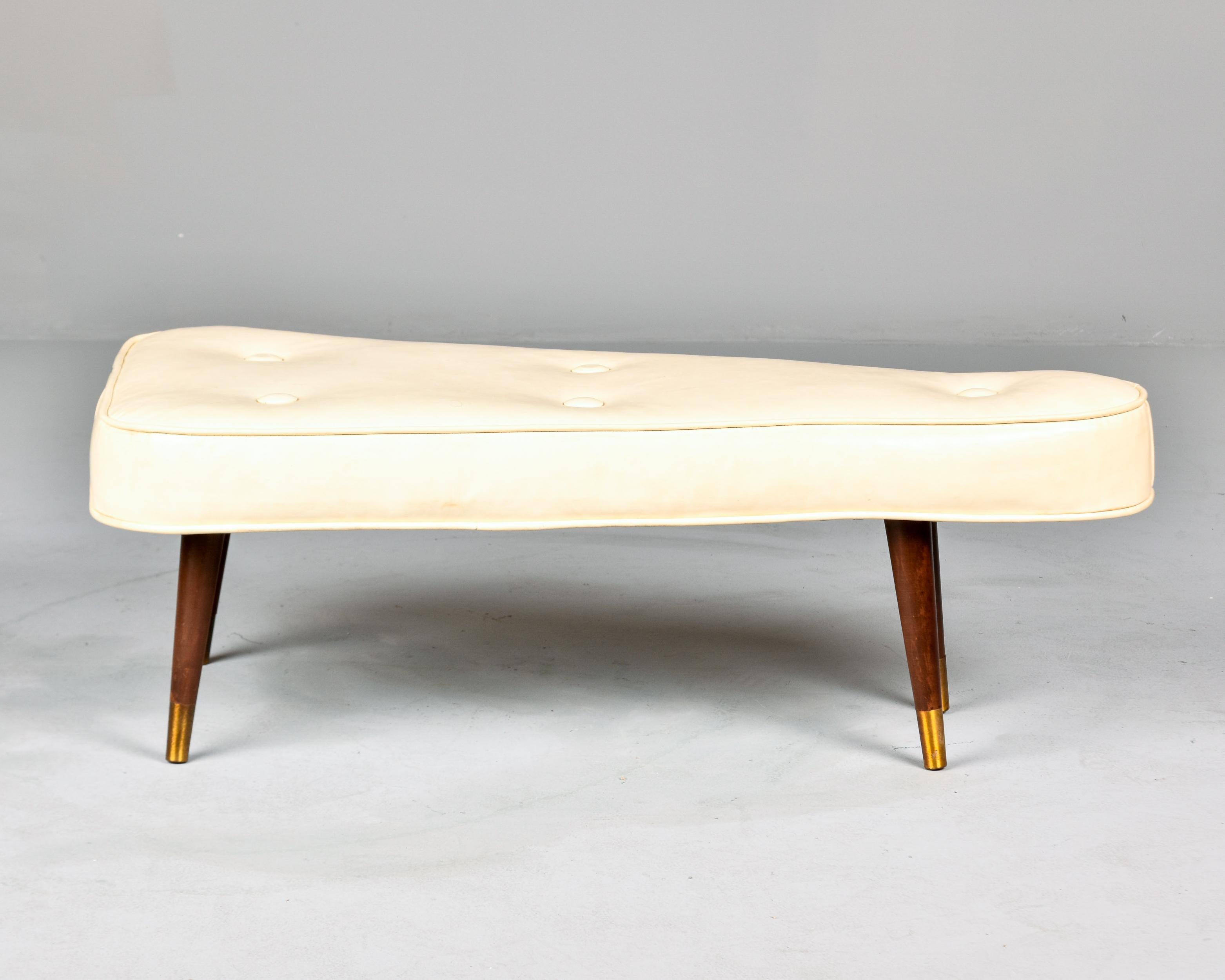 20th Century Mid Century Triangular Atomic Upholstered Stool or Bench with Brass Tipped Legs