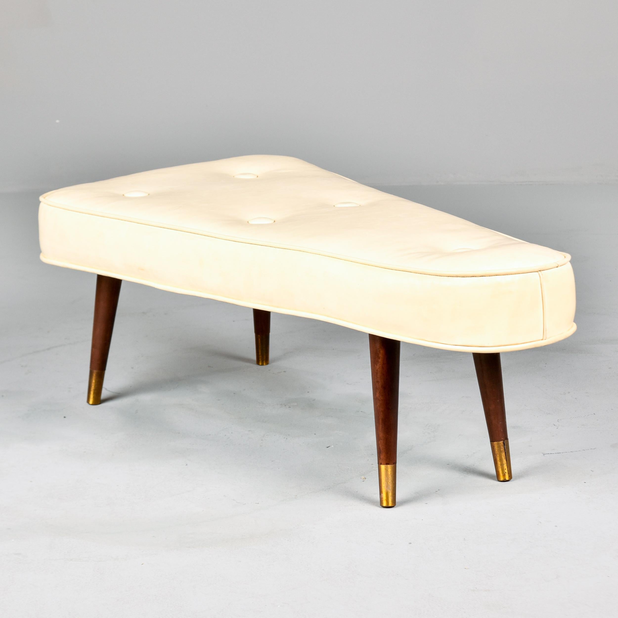 Mid Century Triangular Atomic Upholstered Stool or Bench with Brass Tipped Legs 1