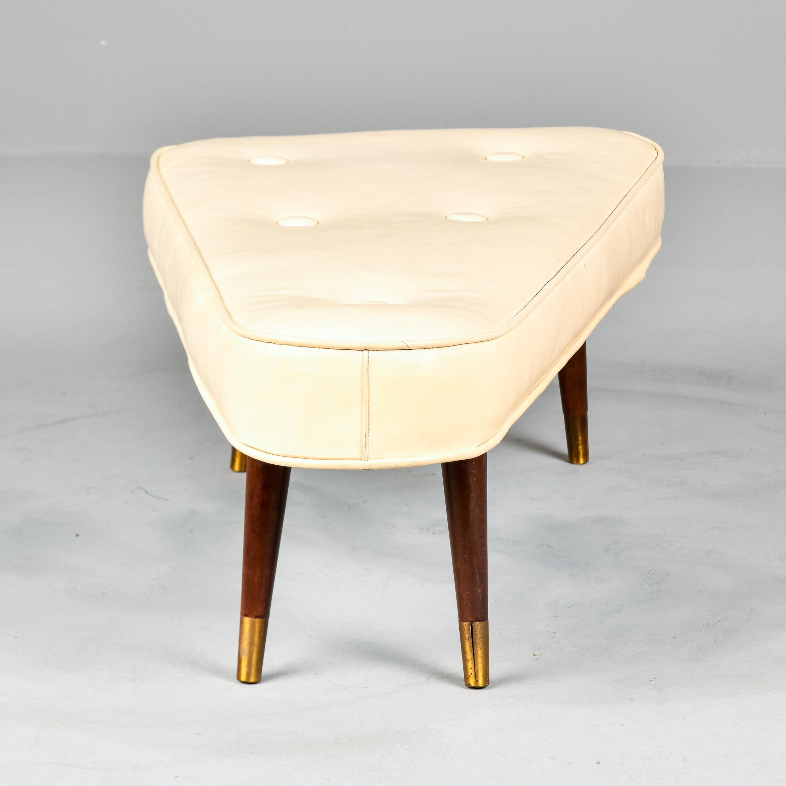Mid Century Triangular Atomic Upholstered Stool or Bench with Brass Tipped Legs 2