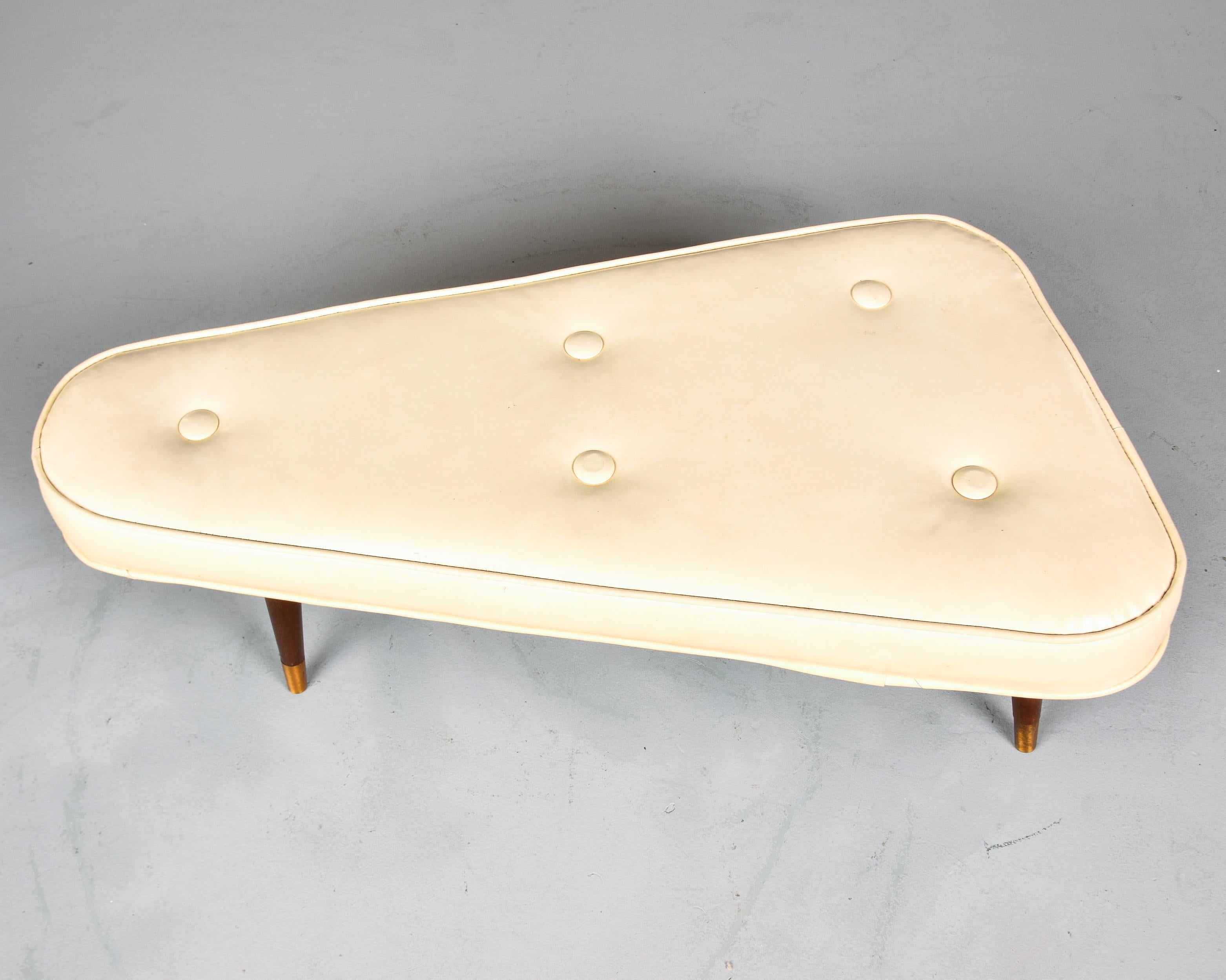 Mid Century Triangular Atomic Upholstered Stool or Bench with Brass Tipped Legs 3