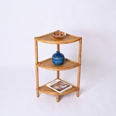 Mid-Century Triangular Bamboo and Rattan Italian Corner Bookcase, 1970s