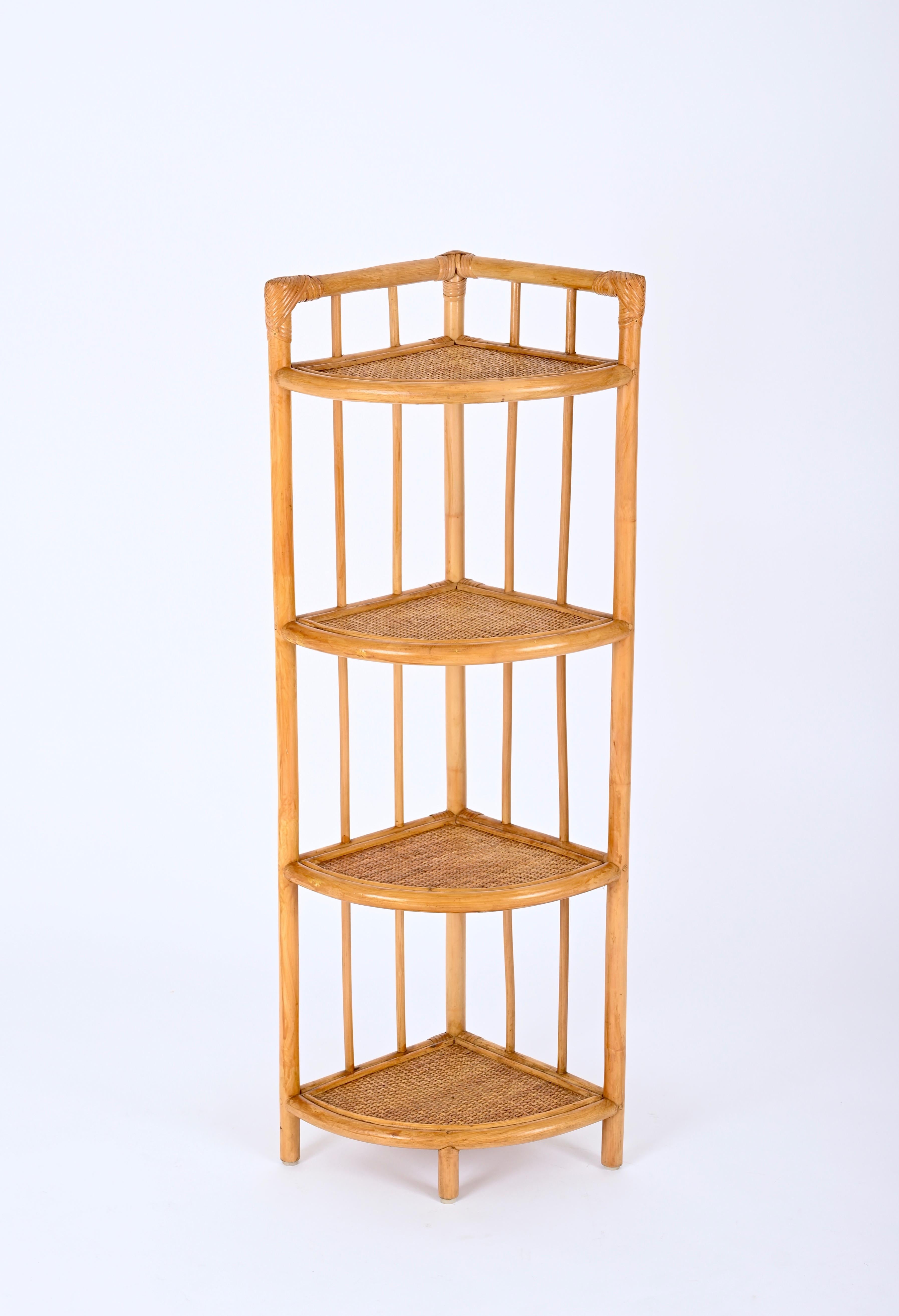 Hand-Crafted Mid-Century Triangular Bamboo and Rattan Italian Corner Bookcase, 1970s For Sale