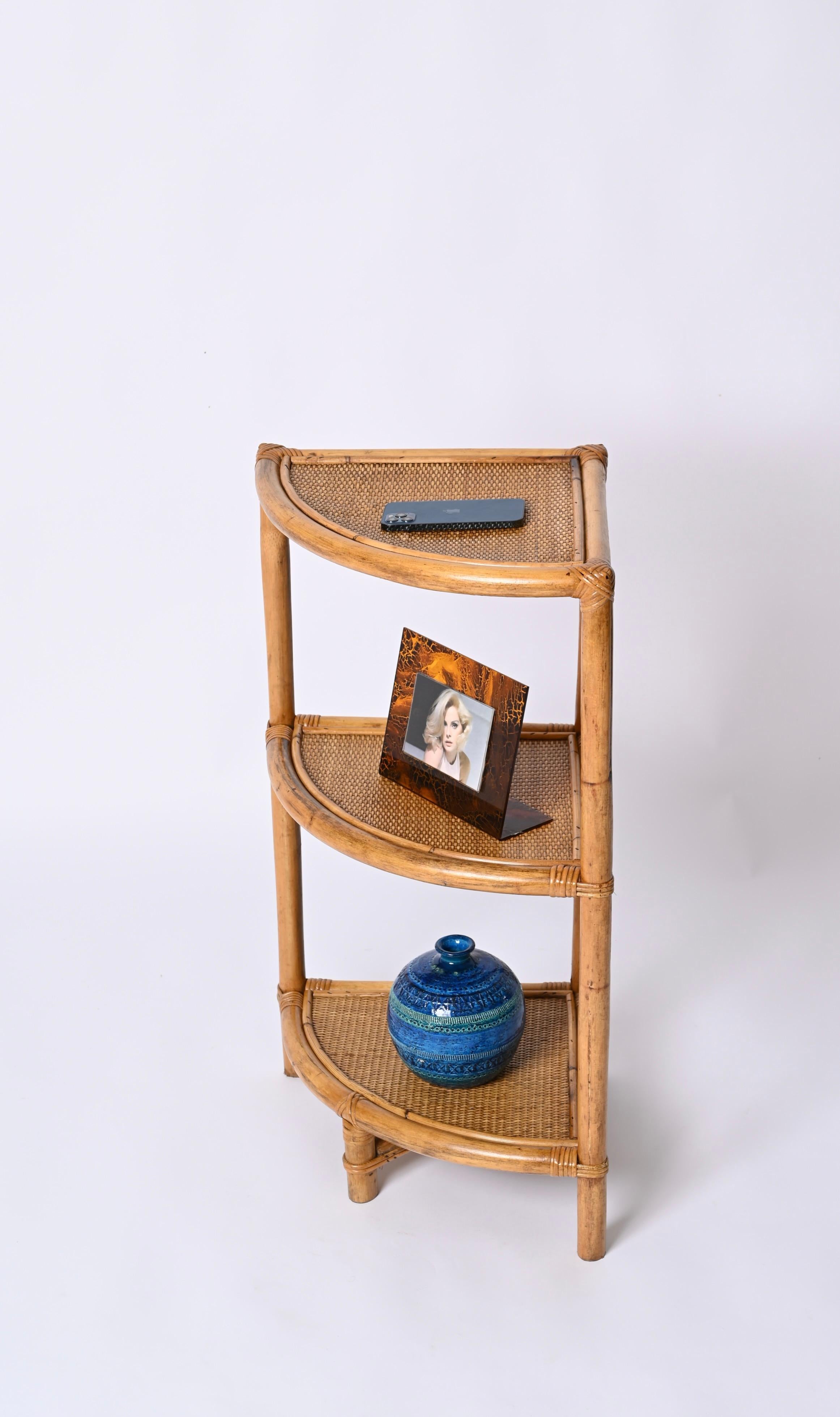 Hand-Woven Mid-Century Triangular Bamboo and Rattan Italian Corner Bookcase, 1970s For Sale