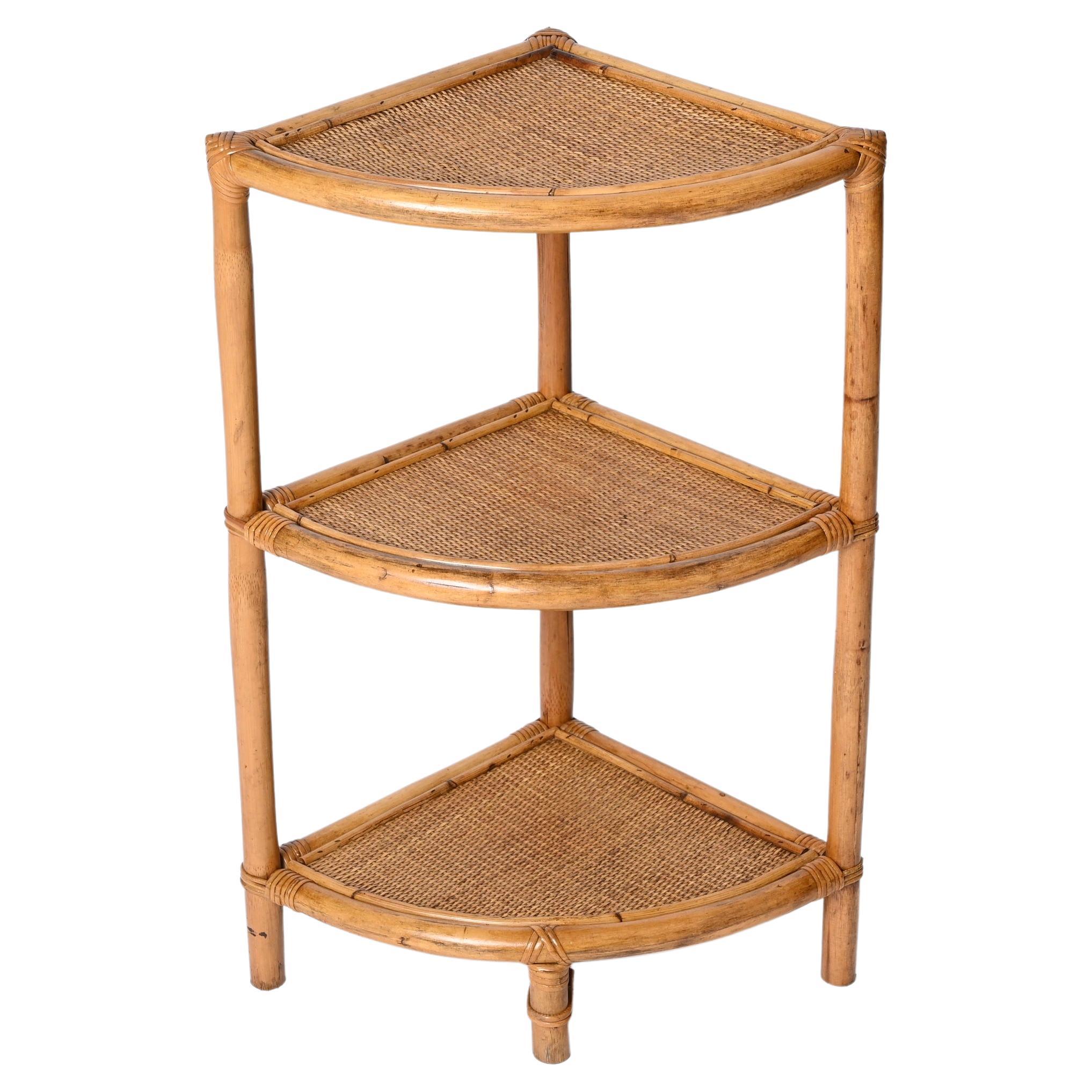 Mid-Century Triangular Bamboo and Rattan Italian Corner Bookcase, 1970s For Sale