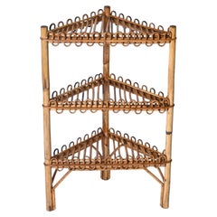 Mid-Century Triangular Bamboo and Rattan Italian Corner Bookcase, 1970s