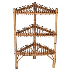 Used Mid-Century Triangular Bamboo and Rattan Italian Corner Bookcase, 1970s