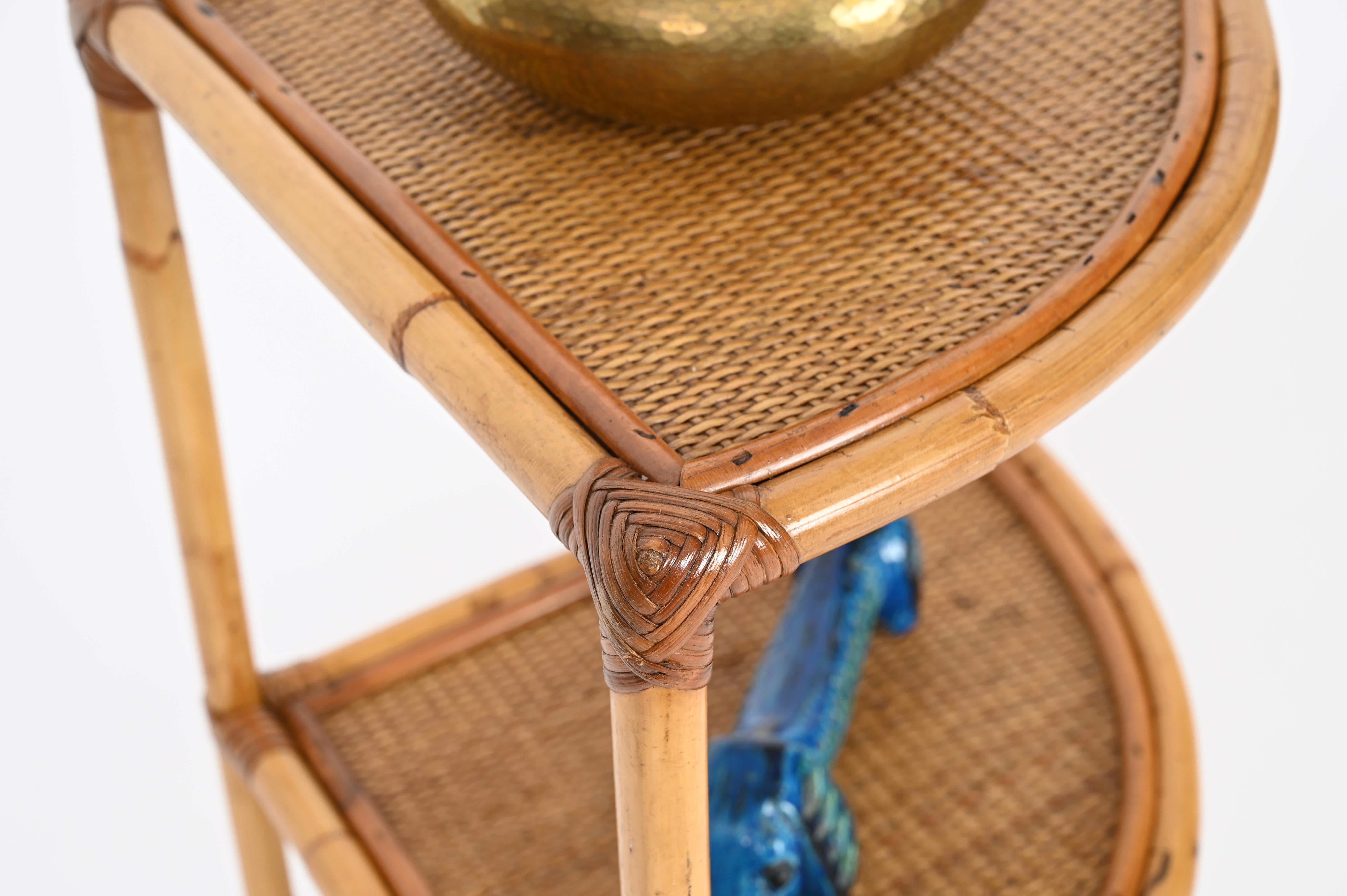 20th Century Mid-Century Triangular Bamboo and Rattan Italian Corner Bookcase Shelf, 1970s For Sale