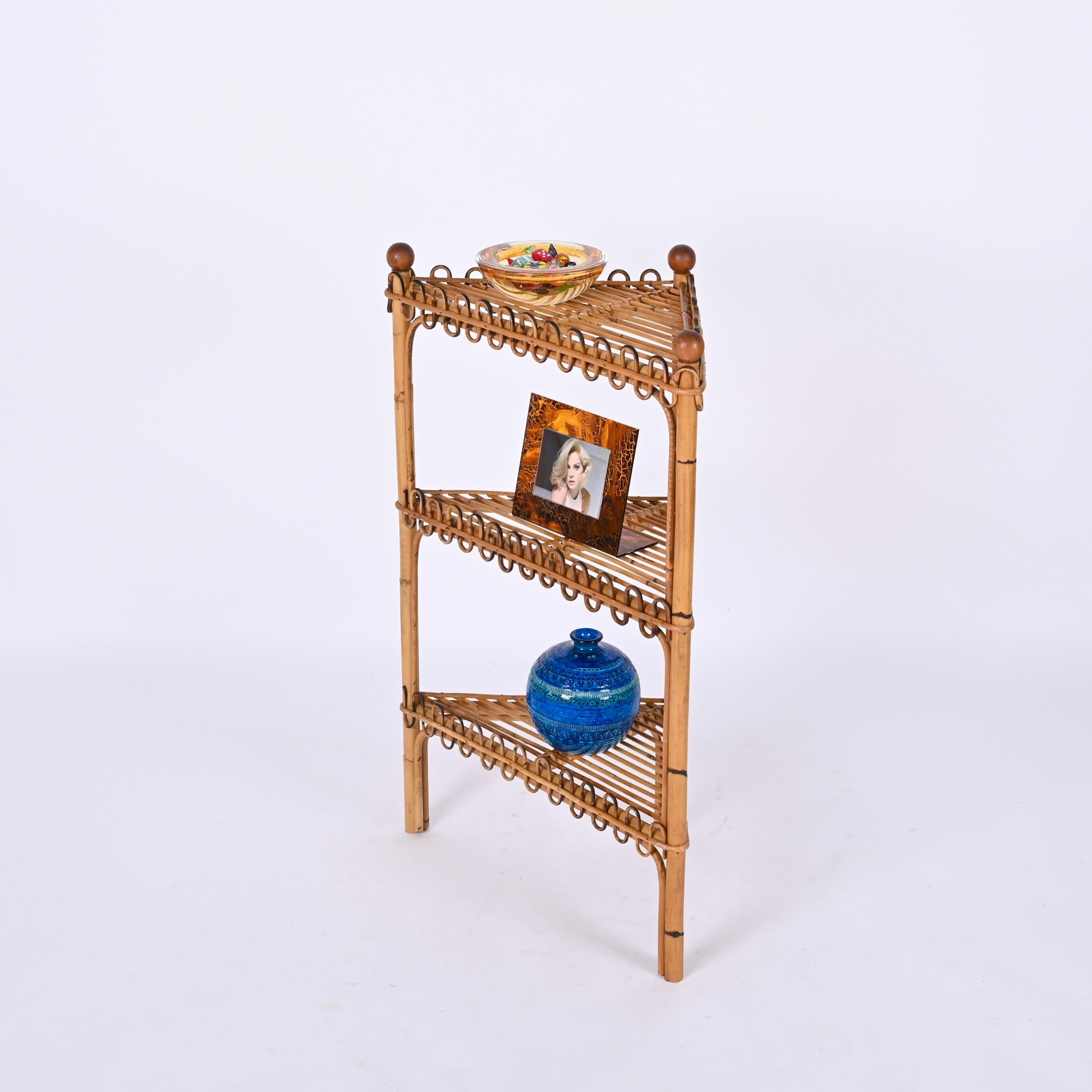 Midcentury Triangular Bamboo and Rattan Italian Corner Shelves, 1970s 3