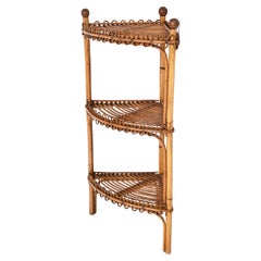 Mid-Century Triangular Bamboo and Rattan Italian Corner Shelves, 1970s