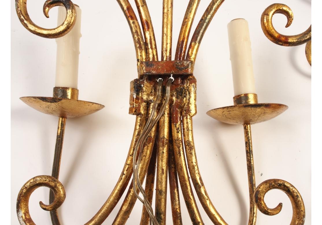 Mid Century Trident Form Gilt Iron Sconces In Distressed Condition For Sale In Bridgeport, CT