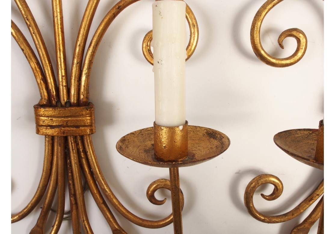 Late 20th Century Mid Century Trident Form Gilt Iron Sconces For Sale