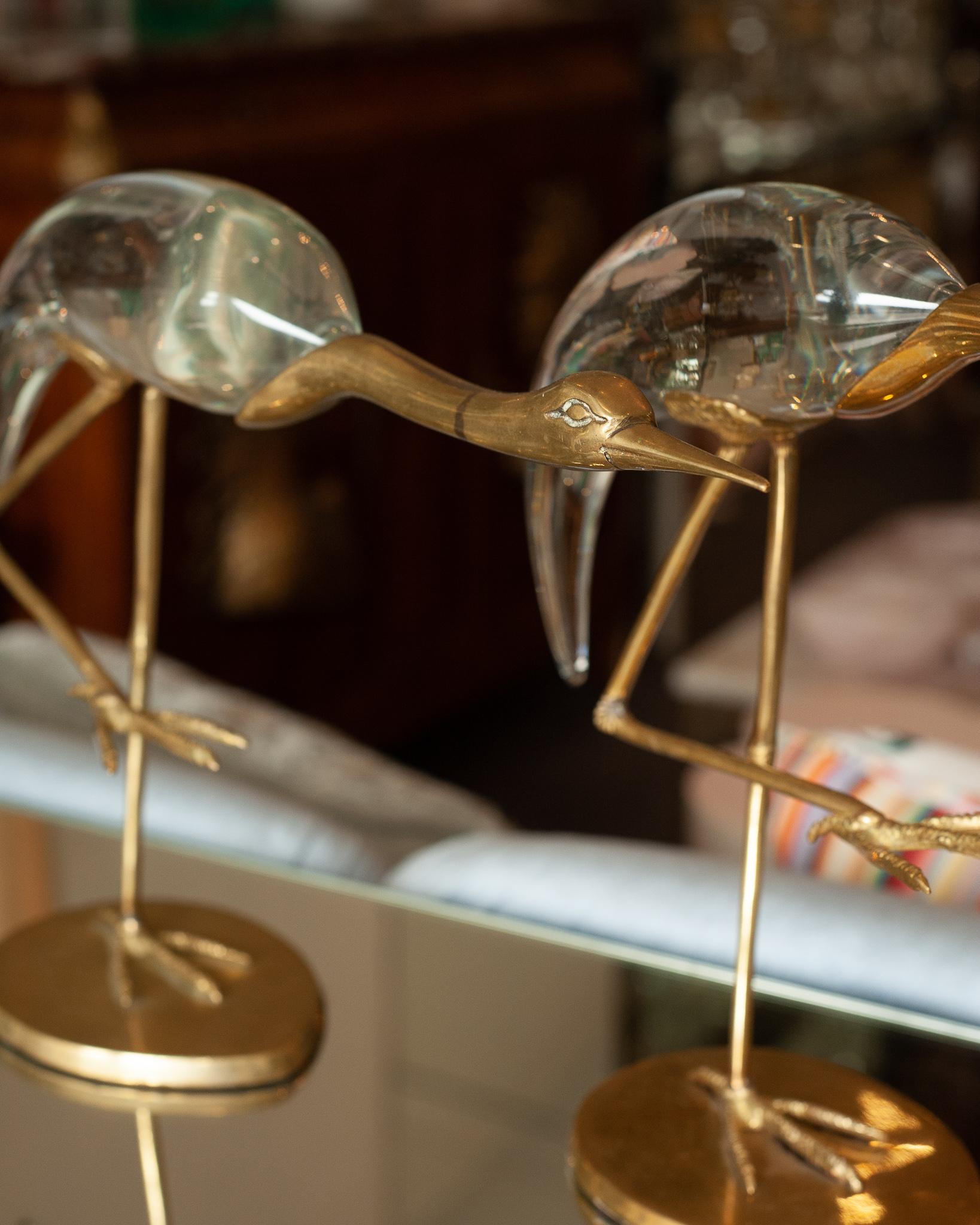 Mid Century Trio of Italian Brass and Glass Crane Bird Sculptures In Good Condition For Sale In Toronto, ON