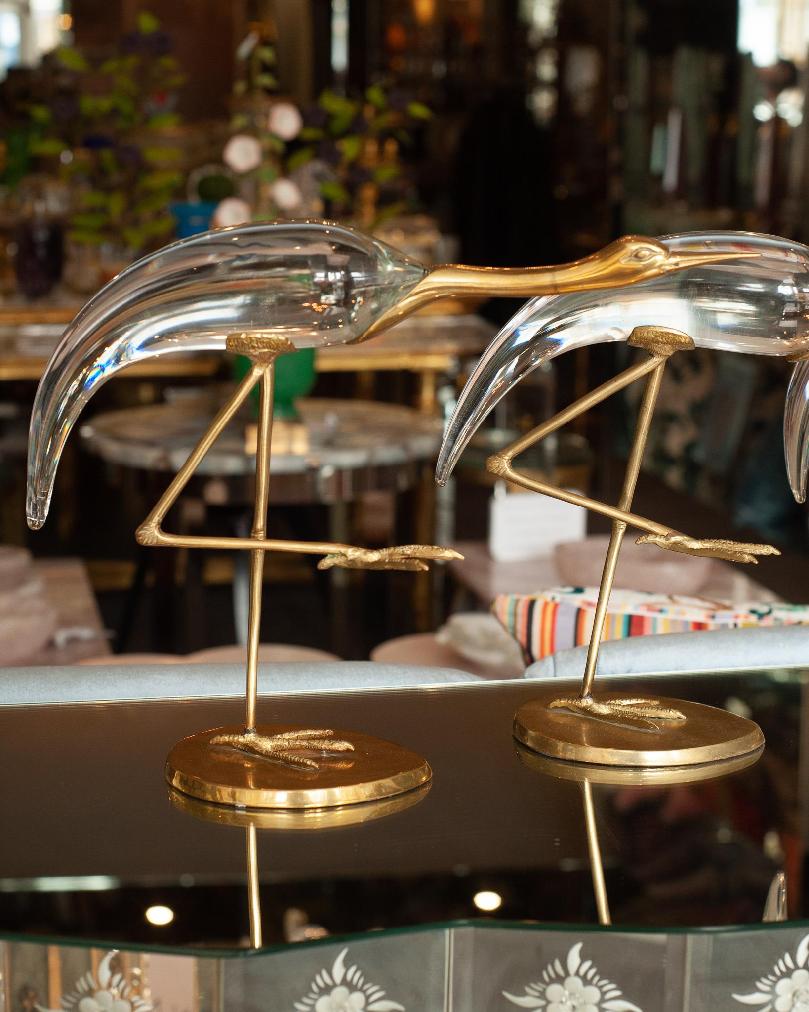 20th Century Mid Century Trio of Italian Brass and Glass Crane Bird Sculptures For Sale