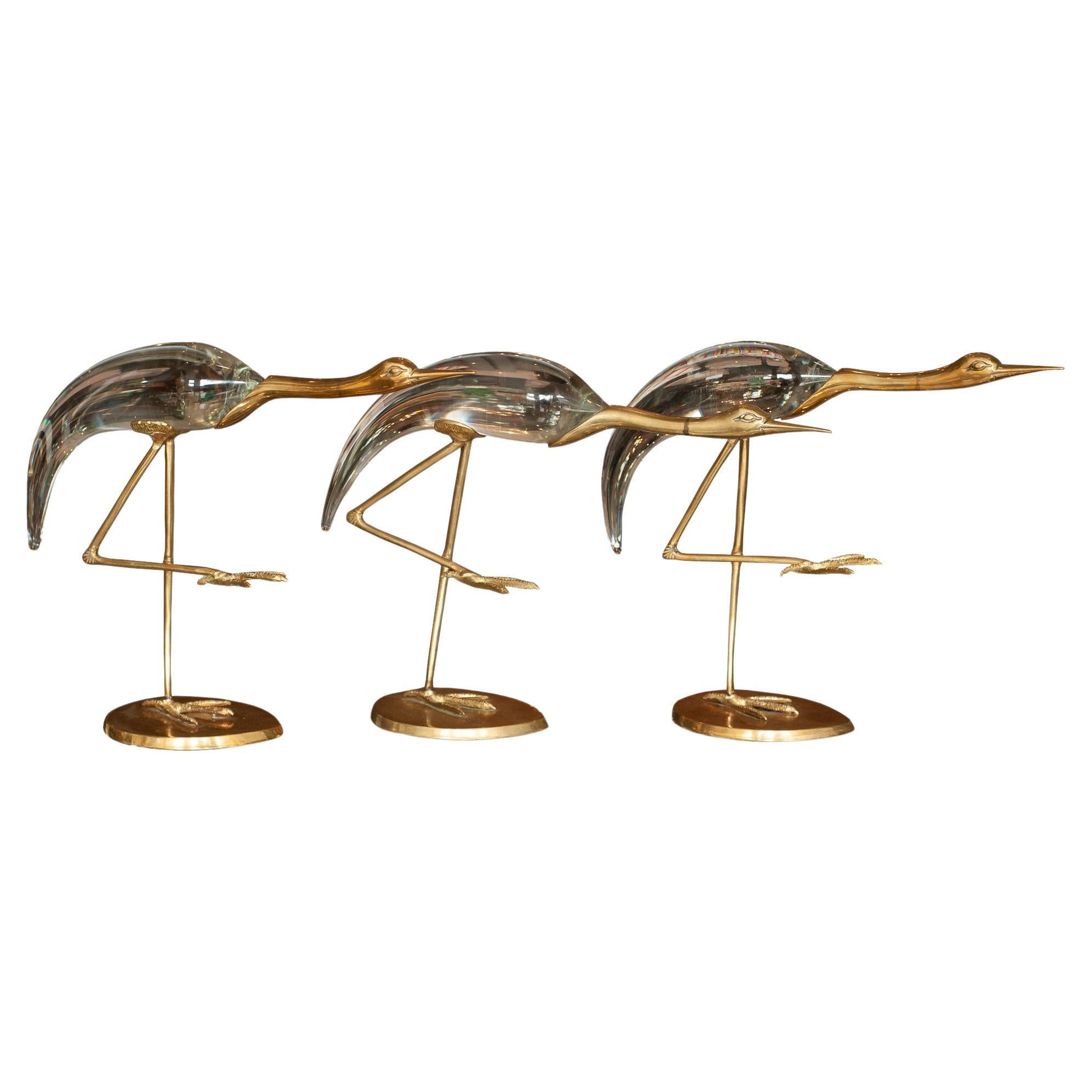 Drei italienische Kranich-Vogel-Skulpturen aus Messing und Glas aus der Mitte des Jahrhunderts