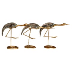 Mid Century Trio of Italian Brass and Glass Crane Bird Sculptures